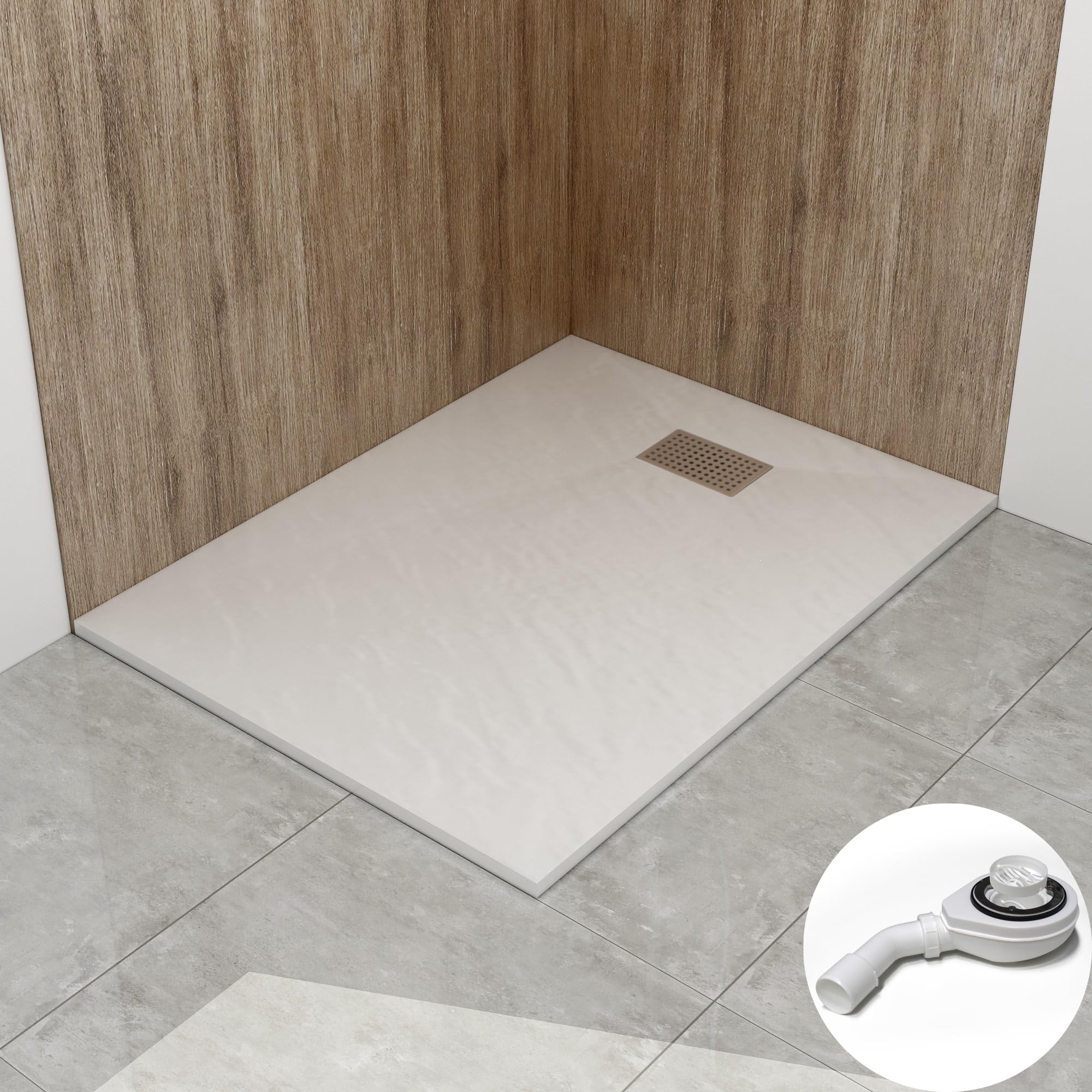 WITEN&NOCK SMC Duschwanne 100x90cm weiß Steinoptik mit Ablauf Ø90mm | 32 mm Extraflach Antirutsch Duschtasse mit Ø 90mm Siphon & Edelstahl Abdeckung，bruchfest, Vielseitige Montage, hygienisch
