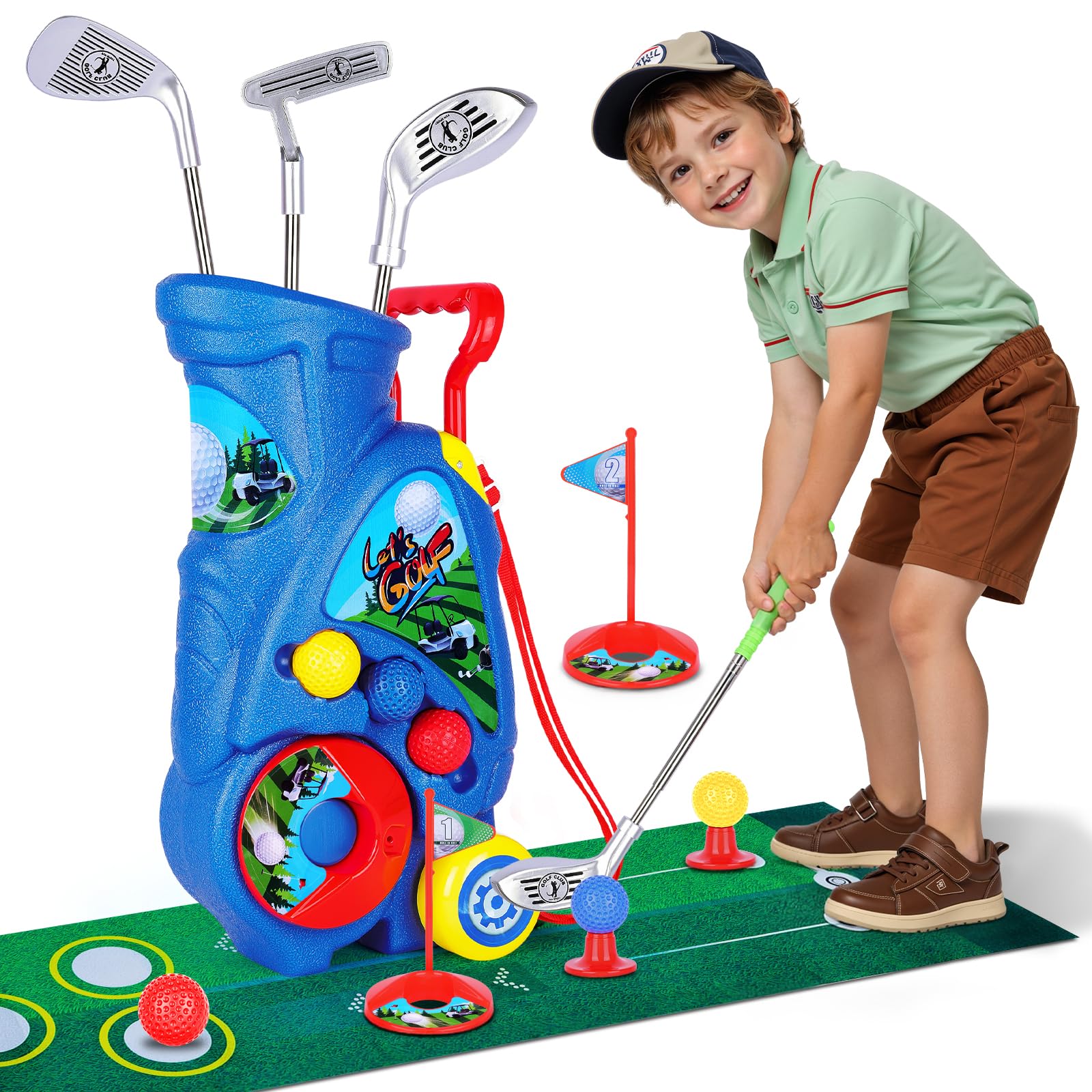 Photo 1 of Beautiq Toddler Golf Set with Shoulder Strap for Kids Ages 2-5, Portable Golf Clubs, Cart & Putting Mat - Indoor Outdoor Sports Toys - Blue