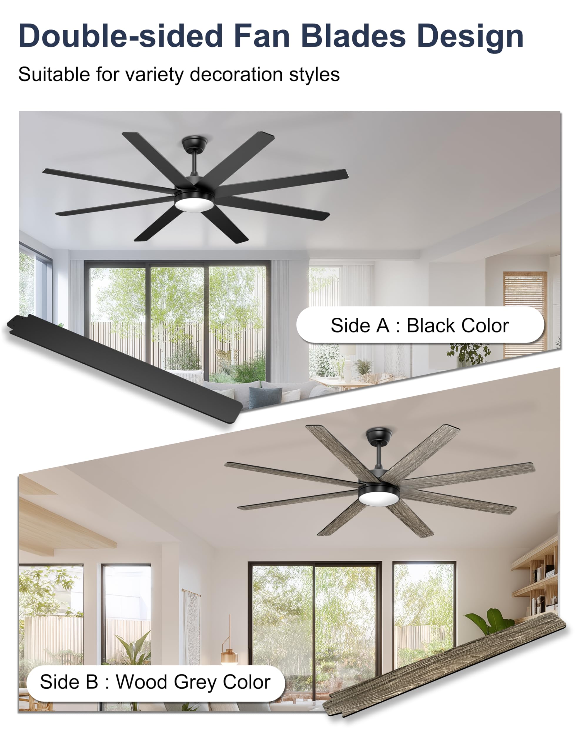 72 Large Ceiling Fans with Lights Modern Black Ceiling Fan Remote APP Control Dimmable Quiet DC Motor Big — view 2