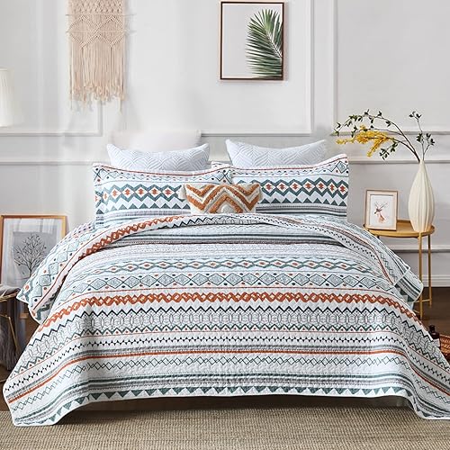 Y-PLWOMEN Juego de edredón bohemio azteca tamaño Queen 100% algodón, juego de edredón turquesa y naranja, colcha ligera bohemia tamaño Queen para