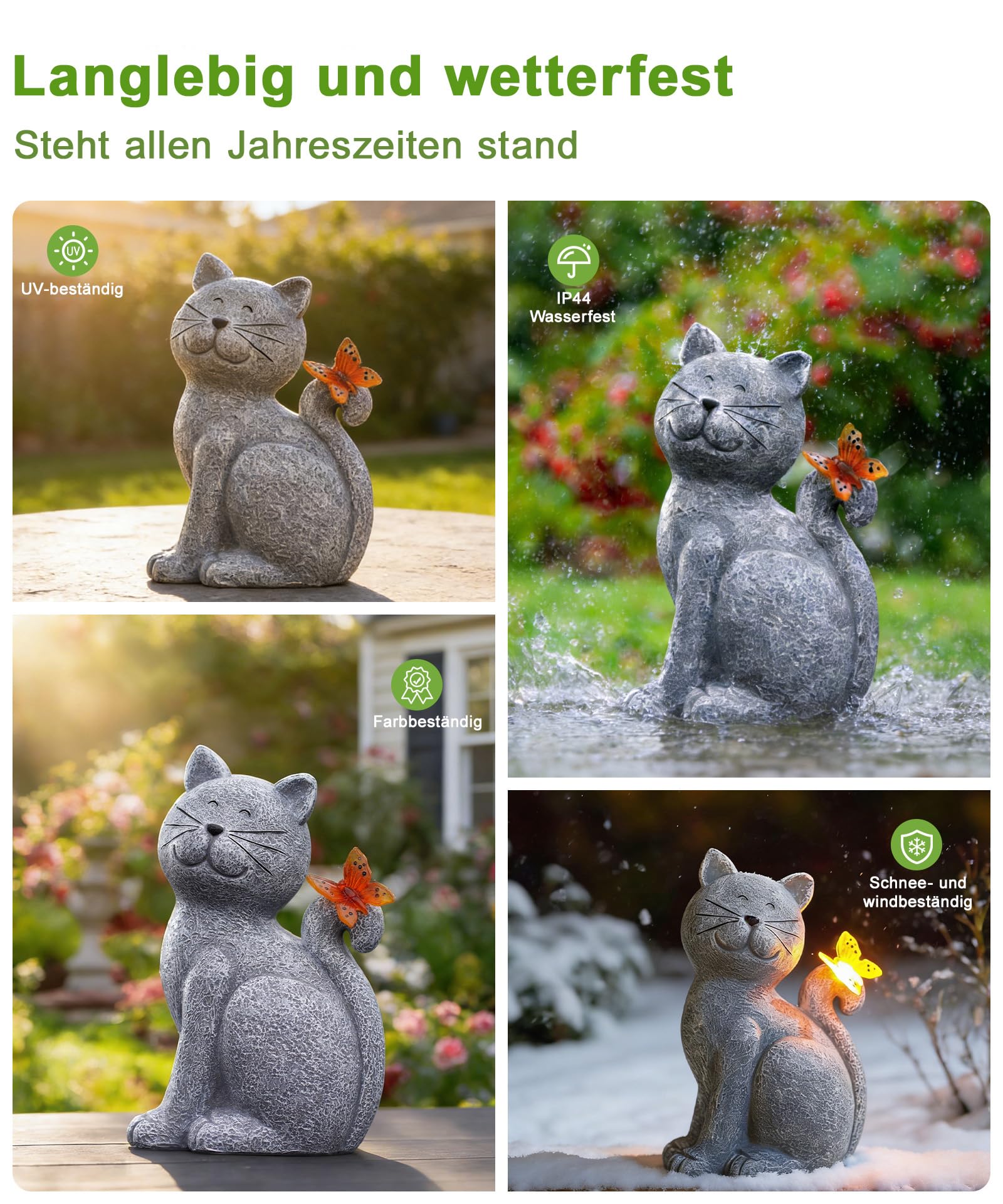 Yeomoo Katzen Figuren mit Solar Schmetterling Deko Wohnzimmer Gartendeko für draußen: Lustig katze Geschenk für Frauen Mama Geburtstagsgeschenk Gartenfiguren Wasserdicht Zimmer Garten Balkon Deko Grau