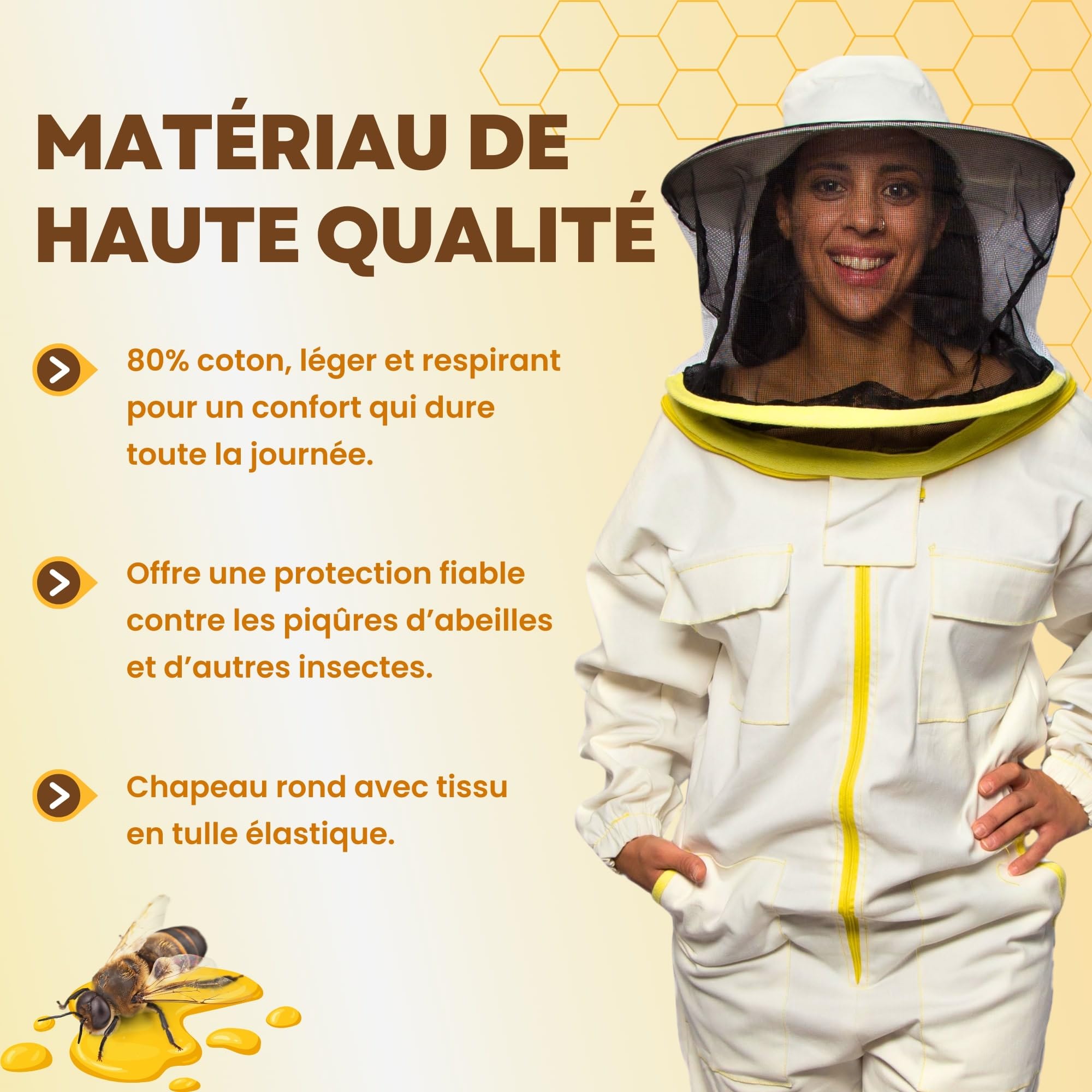 BEEART Combinaison Apiculteur Professionnelle avec Chapeau Rond Combinaison de Protection Unisexe avec Poignets Élastiques Tissu Respirant Fermeture Éclair Protection Contre les Piqûres d'Abeilles XL