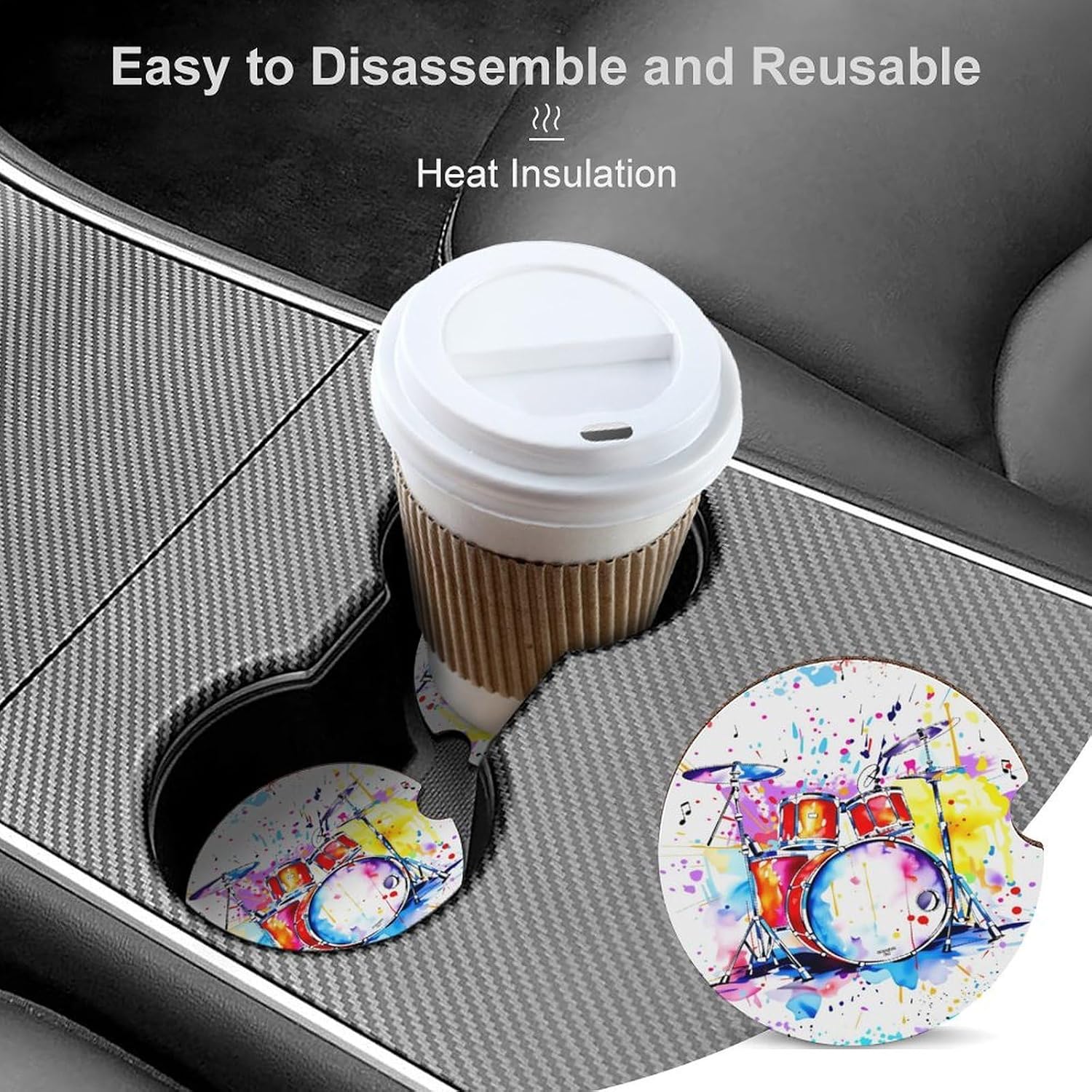 Colorful Music Drum Kit Pattern Car Coasters 2 Pcs, 2.6 in Anti Slip Cup Holder Unisex Auto Accessories Gift Idea image 4
