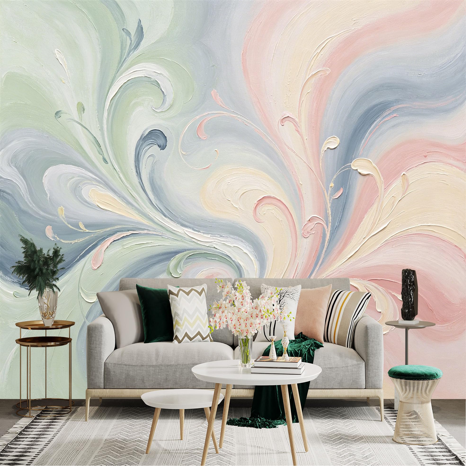 Lnzczhyre Dbh260521838 Custom Size Wall Sticker Mural， Pastel Swirls With Abstract Floral Patterns， Soft Oil Painting Texture， For Wall Decoration， Peelandstick Wall Decals.