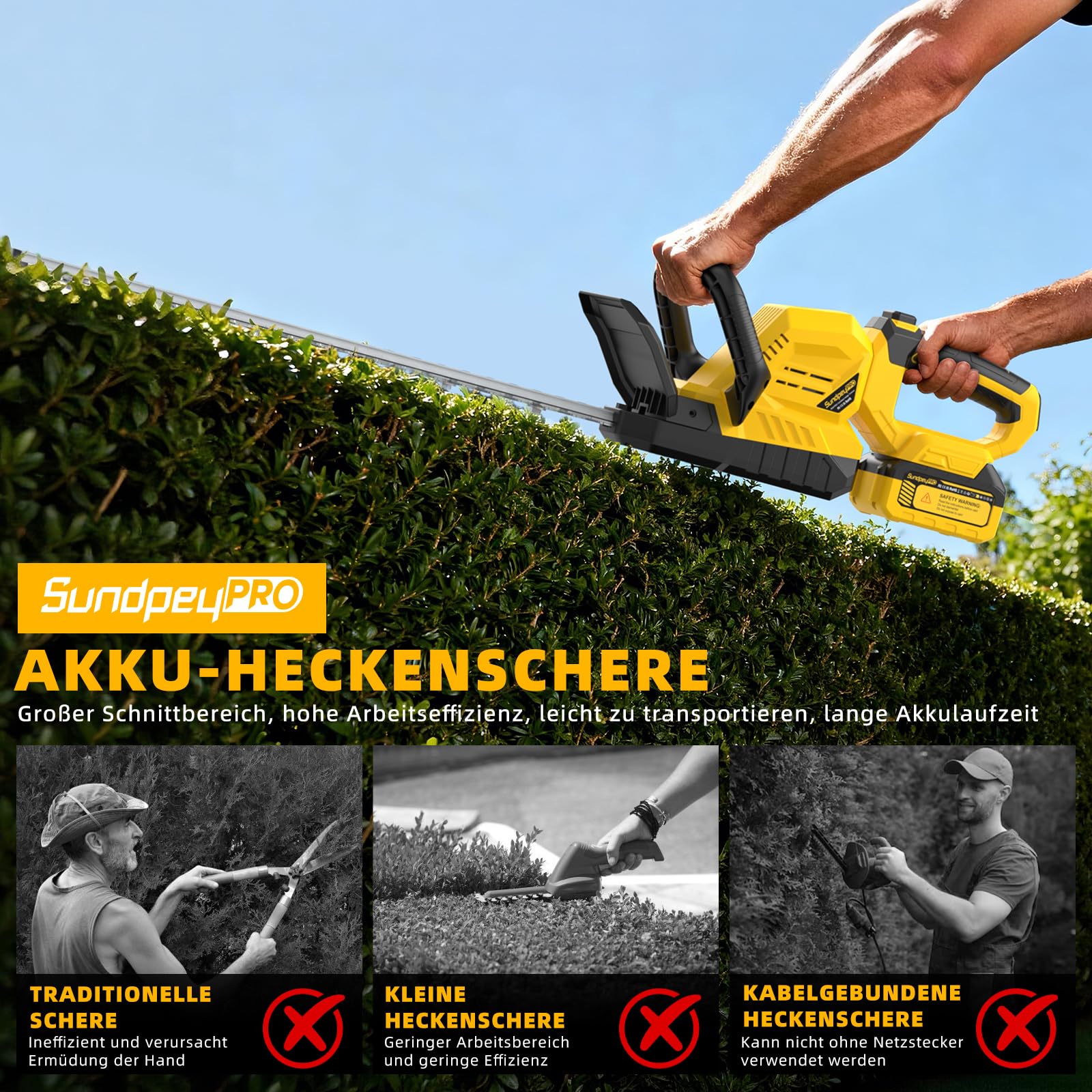 53cm Akku Heckenschere mit 2x4.0Ah Akkus und Ladegerät - 21V Leichte Elektrische Heckenschere mit Akku, 16mm Zahnabstand, 180° Drehbarer Griff, Heckenscheren für Garten und Sträucher