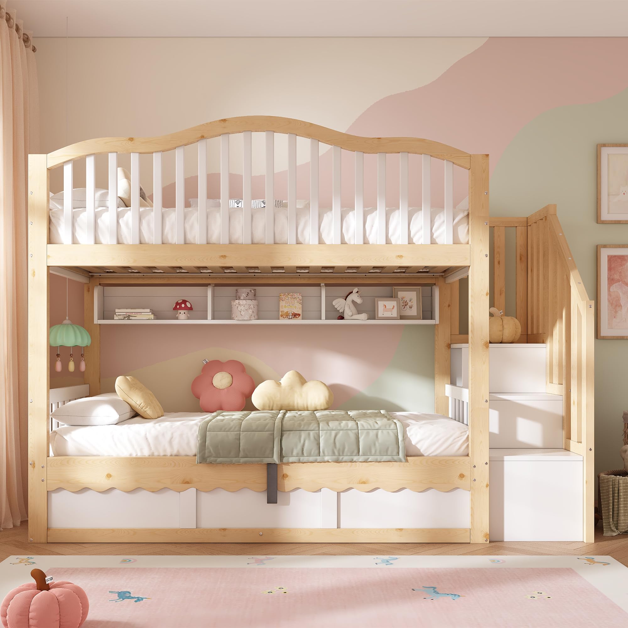 90 x 200 cm Litera para niños con espacio de almacenamiento hidráulico – Cama alta de madera con escalera de seguridad y estante, protección anticaídas, certificado EN 747-1:2024, blanco y roble