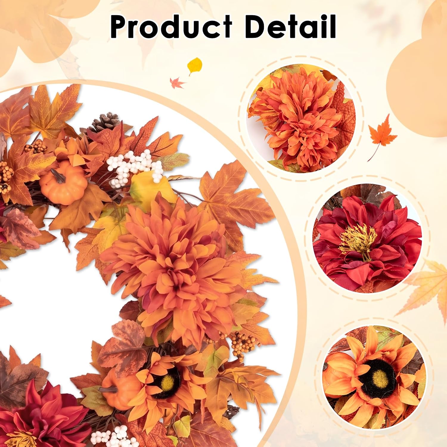 Fall Wreaths for Front Door Decor Artificial Flower, 24" Pumpkin Autumn