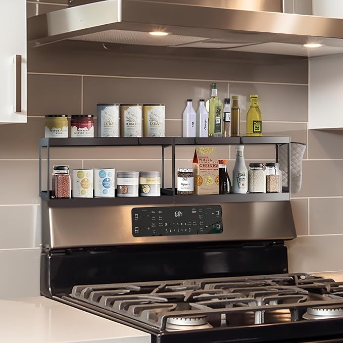2-Tier Magnetic Shelf for Stove Top Organizer | Over Stove Spice Rack | Double Layer Kitchen Storage Solution | Suitable for Flat Stove | 30.3" Easy-to-Clean Oven Shelf