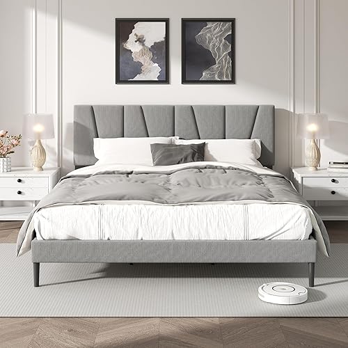Base de cama tamaño King con cabecera tapizada de tela, cama plataforma con soporte de listones de madera, base de colchón completa, somier Gris
