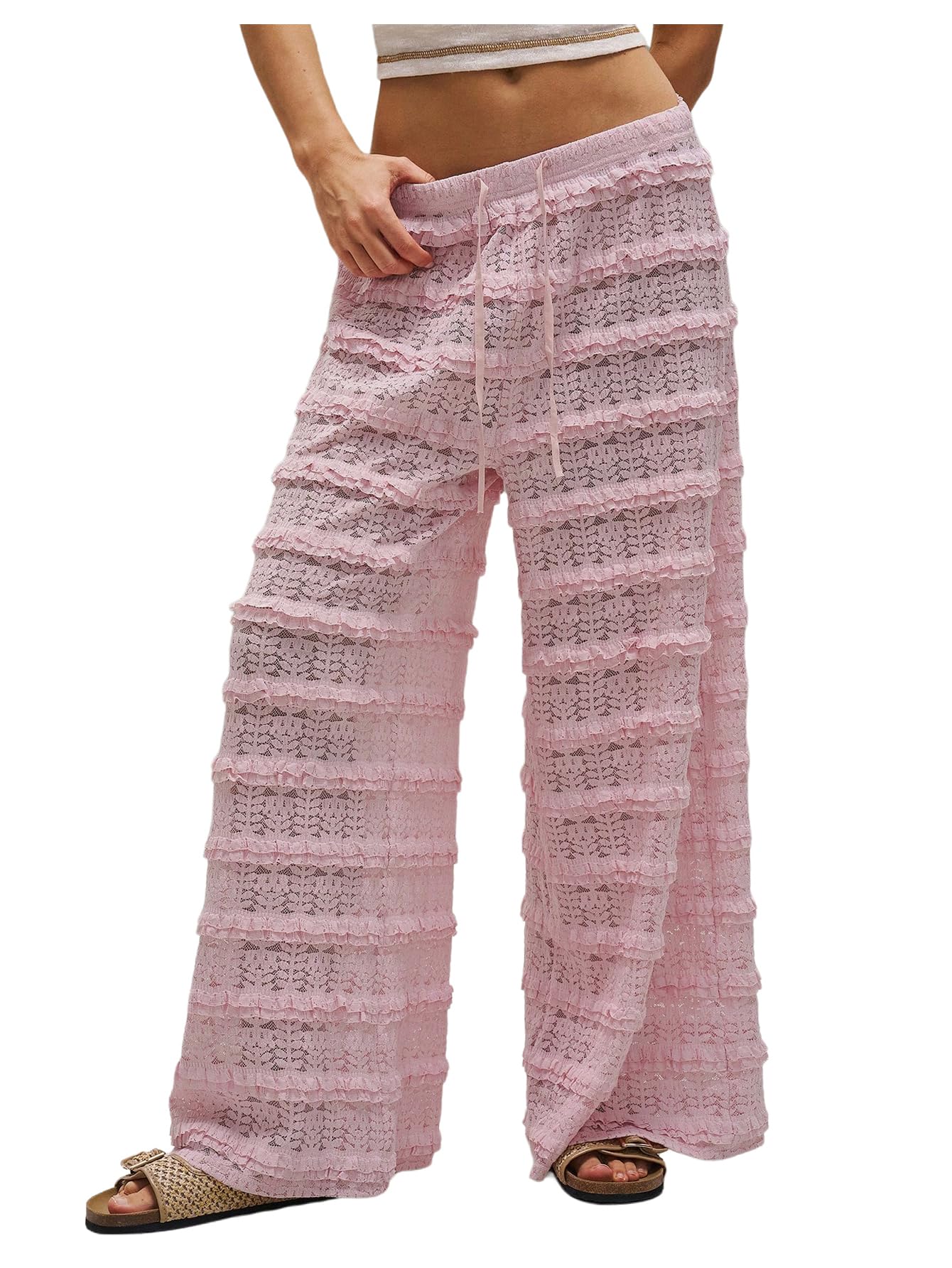 Photo 1 of RoseSeek Women's Crochet Lace Pants Ruffle Layered Elastic Waist Mesh Bathing Suit Cover Up Beach Pants Light Pink Large