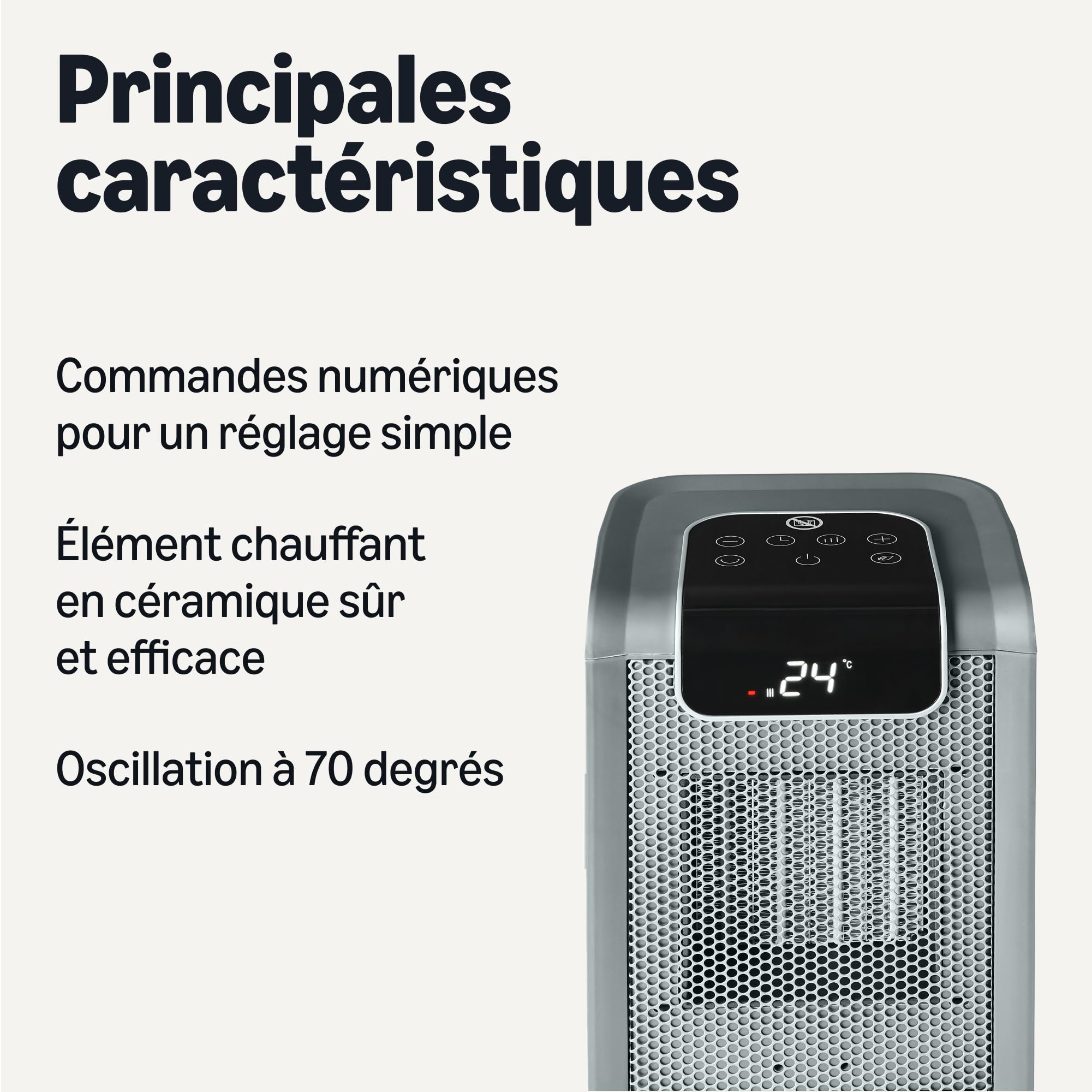 Amazon Basics Radiateur soufflant électrique, portable, en céramique, oscillation à 70°, 1 800 W, 25 cm, gris