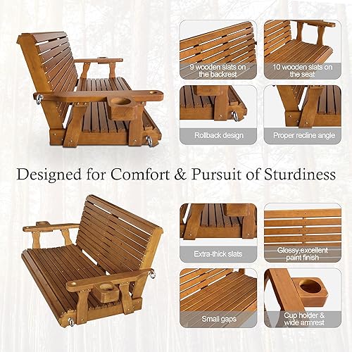 Miniatura 4 de Columpio de madera para porche de 2 plazas, respaldo alto y asiento profundo, columpio de banco con portavasos, cadenas colgantes y resortes de