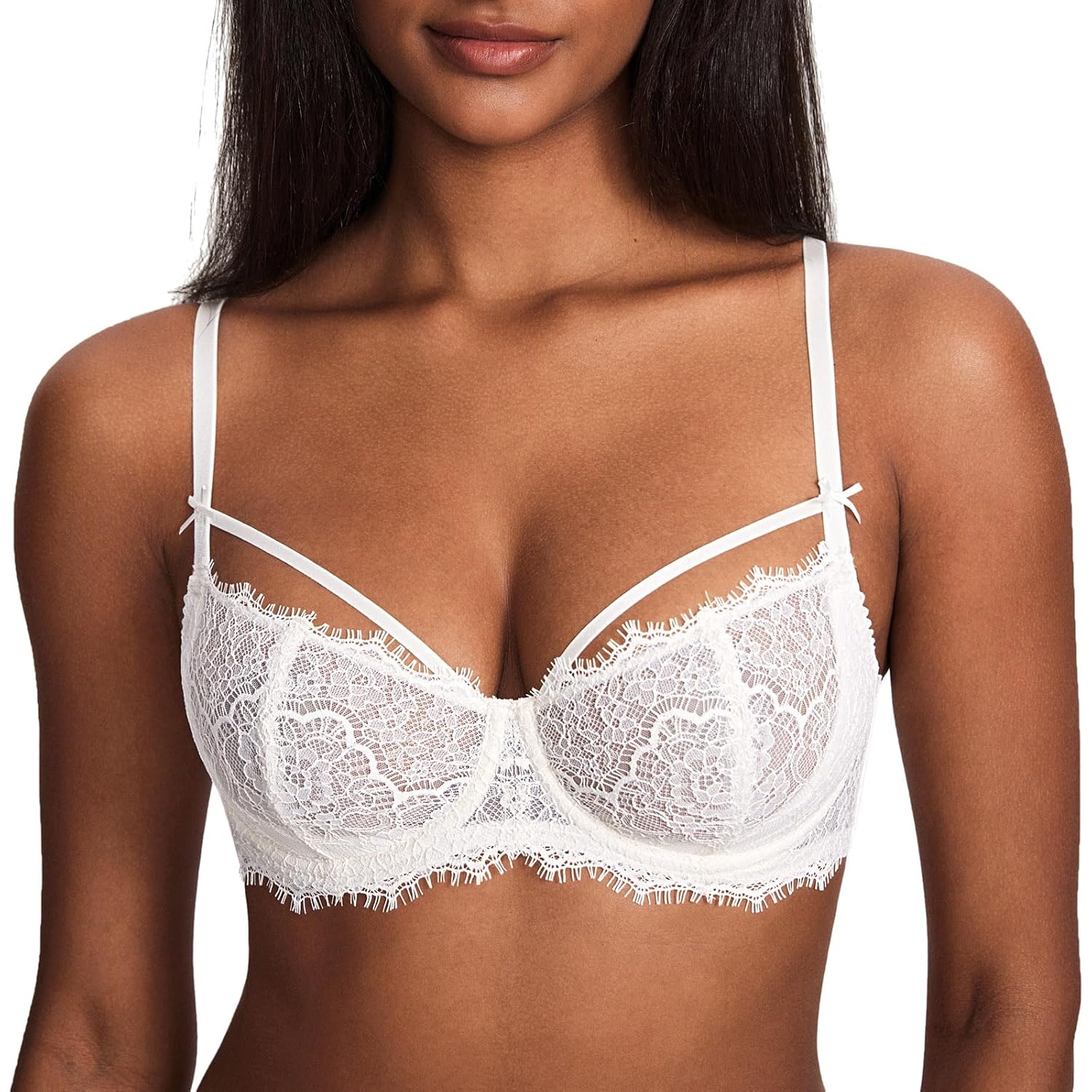 DOBREVA Womens Unlined Balconette Sexy Bra Lace Underwire Plus Size Bras See Through Large Breasts Strappy Coconut White