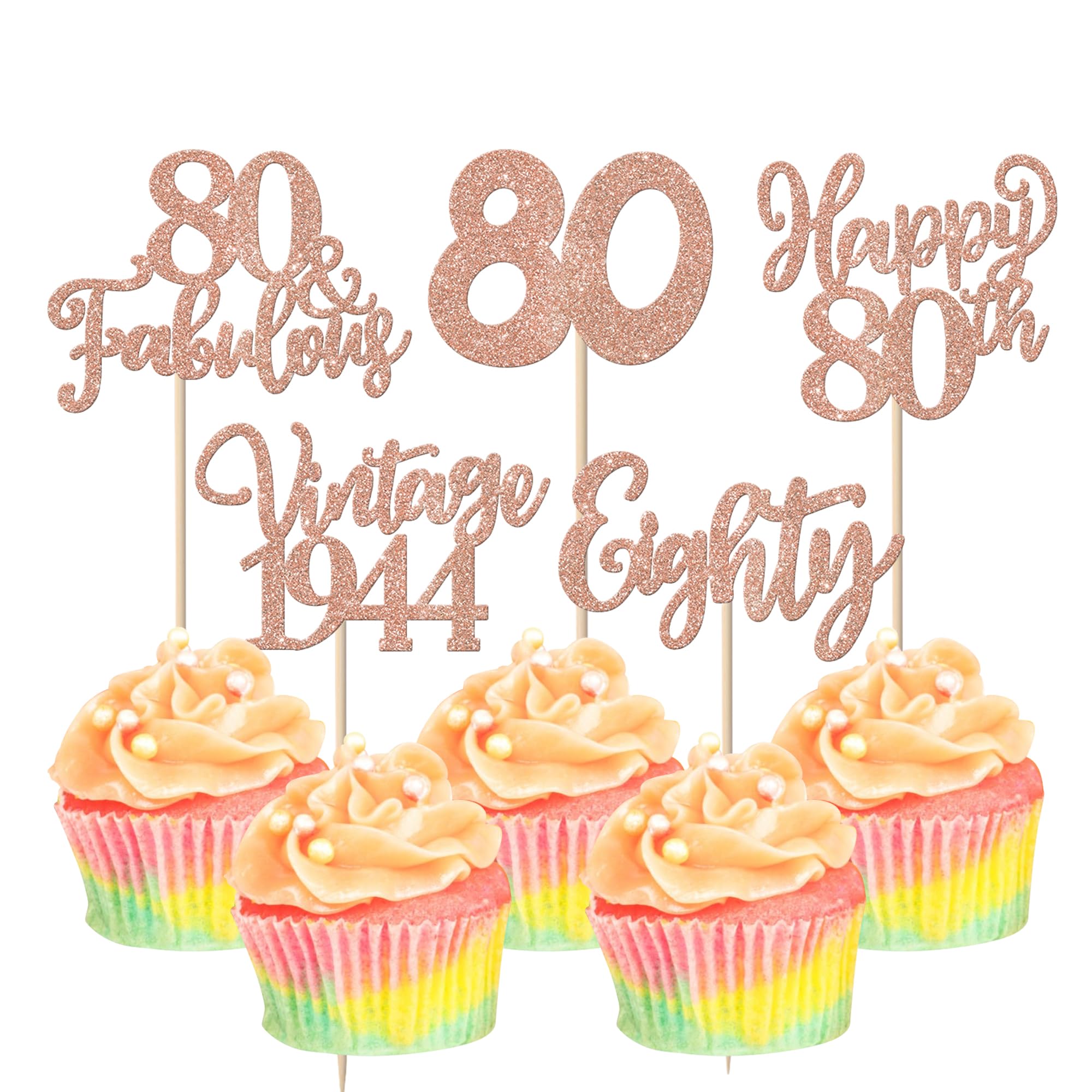 Rsstarxi 30 Pack Vintage 1945 Cupcake Toppers Glitter Eighty 80 Fabulous Cheers to 80 Years Cupcake Picks for Happy 80th Birthday Wedding Anniversary Party Cake Decorations Rose Gold