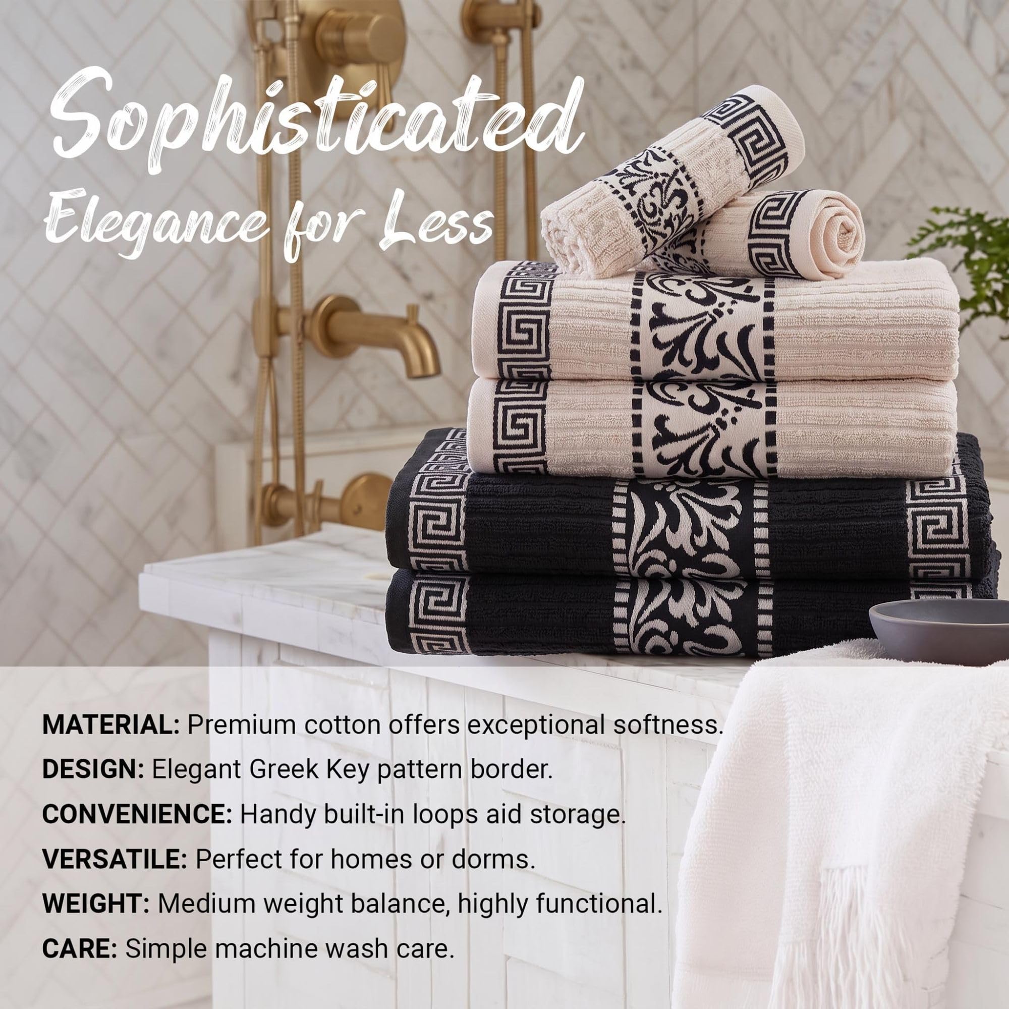 Superior Juego de Toallas de algodón de 3 Piezas, diseño Griego Decorativo, Esencial para el hogar, Toallas absorbentes, decoración de baño, SPA, Complejo, Incluye 1 Toalla de Mano, 1 Cara y 1 Toalla