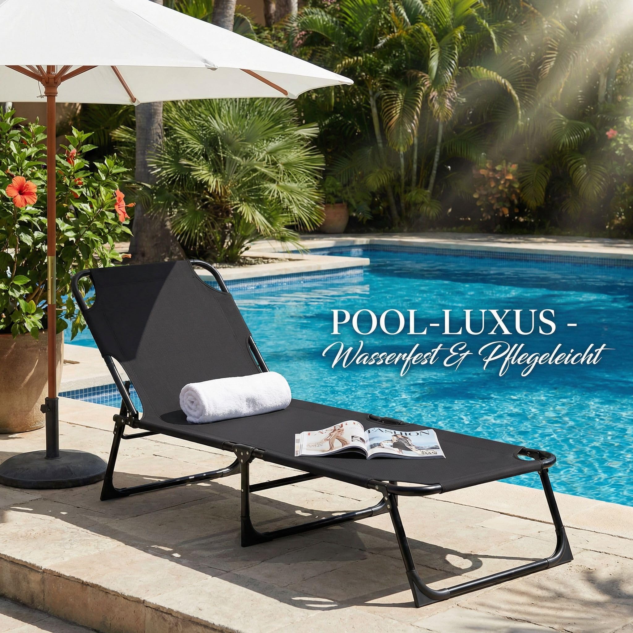 Folding Lounger,Sonnenliege Klappbett Gästebett Klappbar Liegestuhl,4 Positionen Verstellbares Tragbares Multifunktions-Campingbett,Mit Matratze Seitentasche (Schwarz 1 Stück)