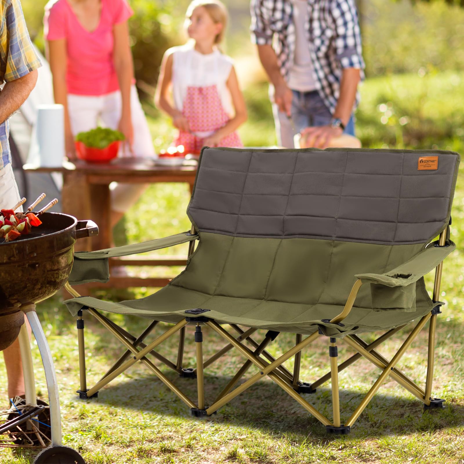 GOPLUS - Silla de camping doble, sillón de playa acolchada con portavasos, apoyabrazos ajustables, banco de camping de 2 plazas plegable para pesca, camping, picnic, playa, carga 300 kg (verde)