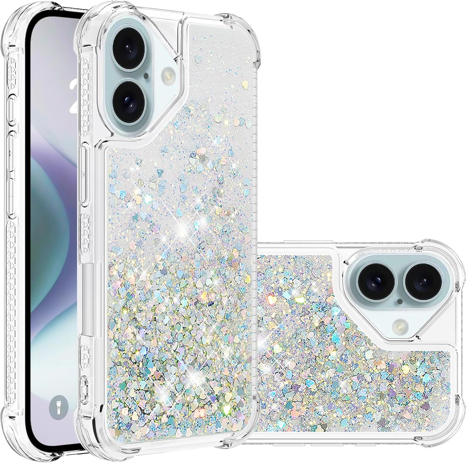 Phone Case for iPhone 17 Case Glitter Bling Liquid Cute Floating Quicksand Shockproof Protective Bumper Durable Soft TPU Clear Cover for iPhone 17 6.3" Love Sliver YB