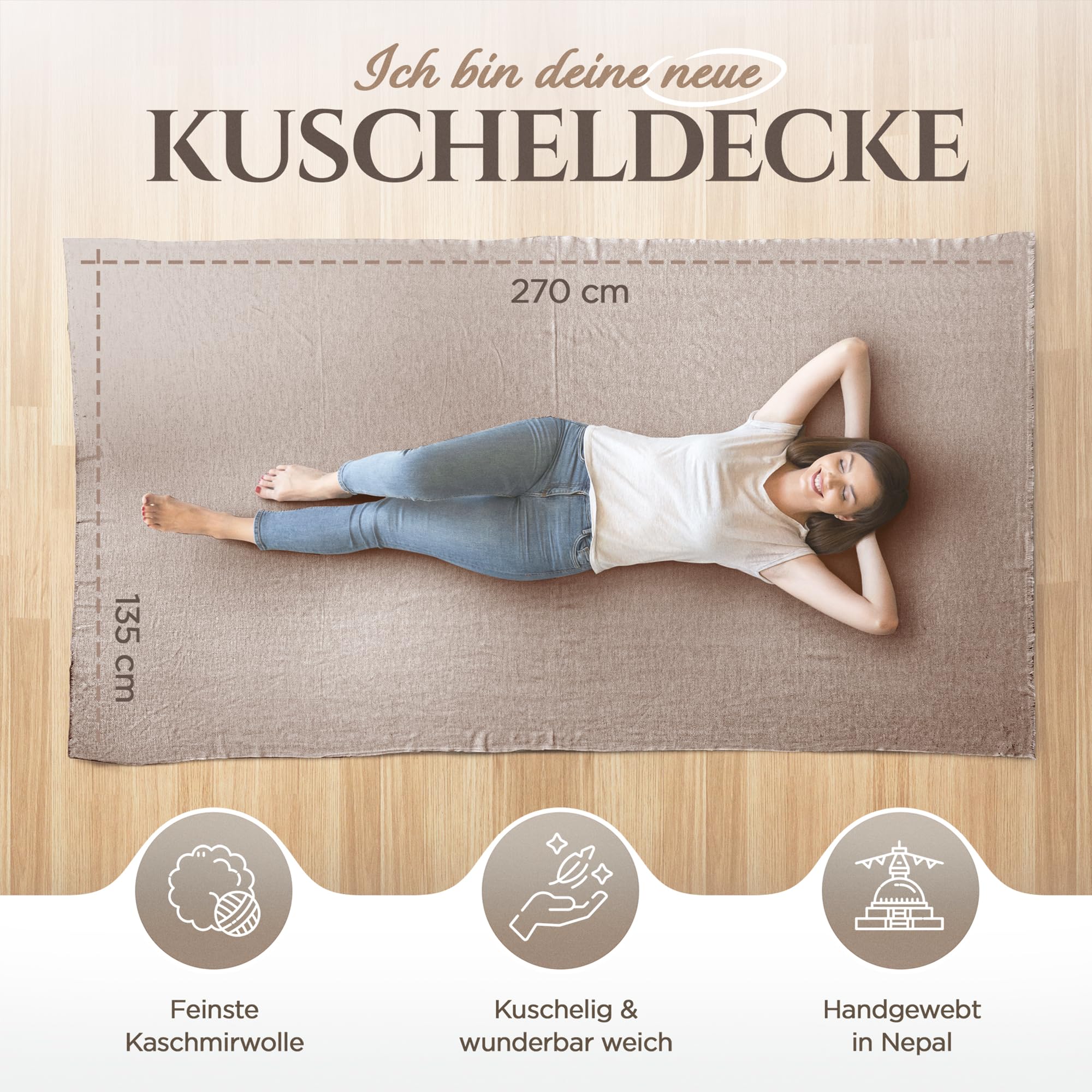Kaschmirdecke – Handgewebte Sofaüberwurf Decke aus 100% Kaschmirwolle – 135 x 270 cm Weiche und gemütliche Graubraune Kuscheldecke für Couch und Stuhl – Hergestellt in Nepal