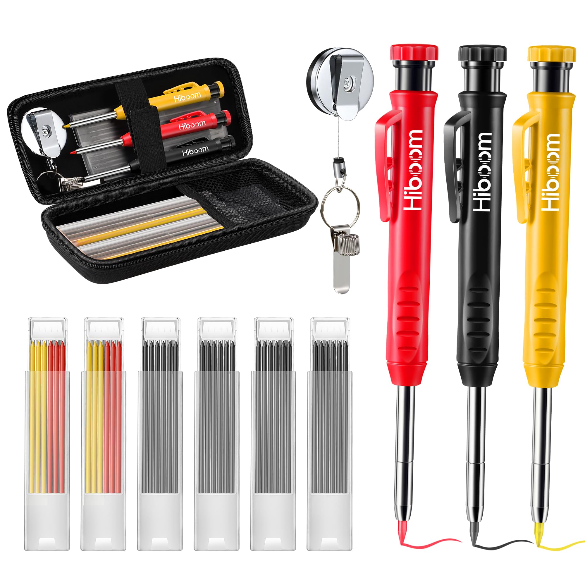 Hiboom Carpenter Pencils with Retractable Holder, Deep Hole Marker Construction Pencils with Built in Sharpener and Portable Pencil Bag, Heavy Duty Retractable Pull Pen Holder, Ideal for Carpenter