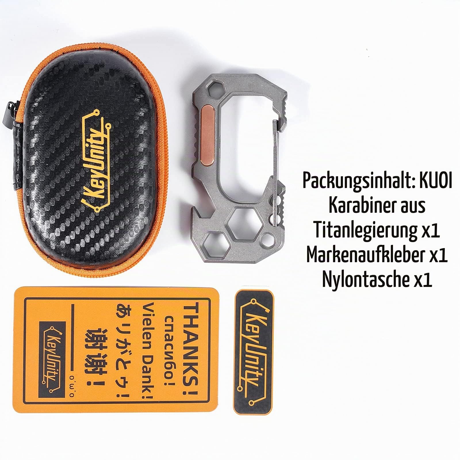 KeyUnity KU01 Karabiner Schlüsselanhänger Taschen-Multitool Titan, Karabiner Clip mit Inbusschlüssel, Bithalter, Flaschenöffner, Multi Schlüsselhalter, multifunktionales EDC Werkzeug für Herren