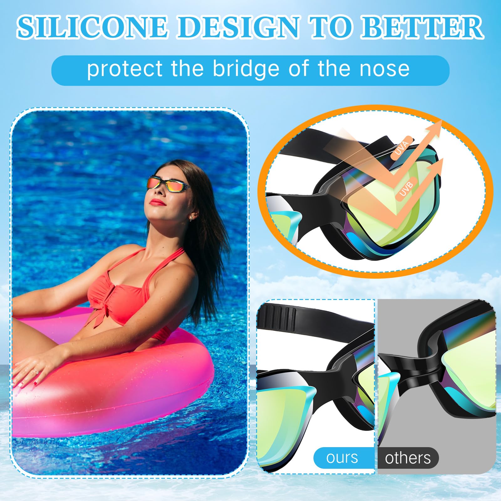 Flutesan Confezione da 3 occhialini da nuoto in silicone anti appannamento, con clip per naso e tappi per le orecchie, per piscina per adulti, 3 colori (verde, arancione, argento)