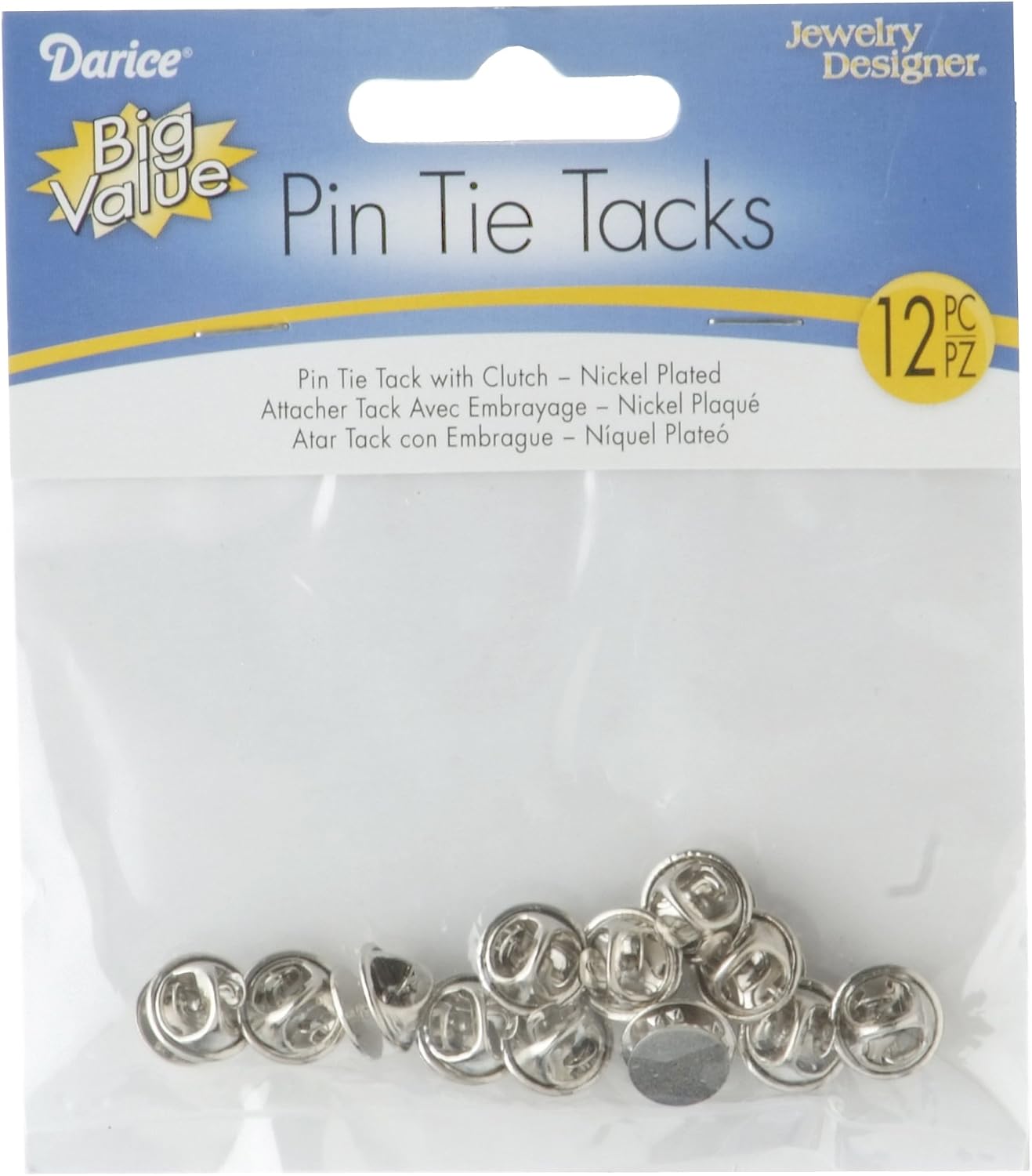 Darice Brass Tie Tack with Clutch Nickel Plate, 12/Pkg