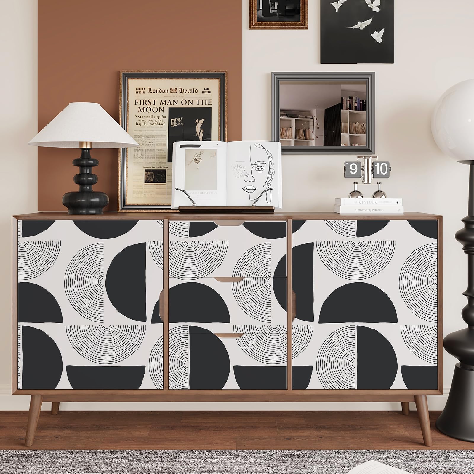 VEELIKE Black Grey Geometric Wallpaper Mid Century Modern Geometric Wallpaper for Bedroom Bathroom Patterned Sticky Back Plastic Art Wall Décor Livingroom Cabinets Wall Mural Removable 44.5cm×300cm - Image 3