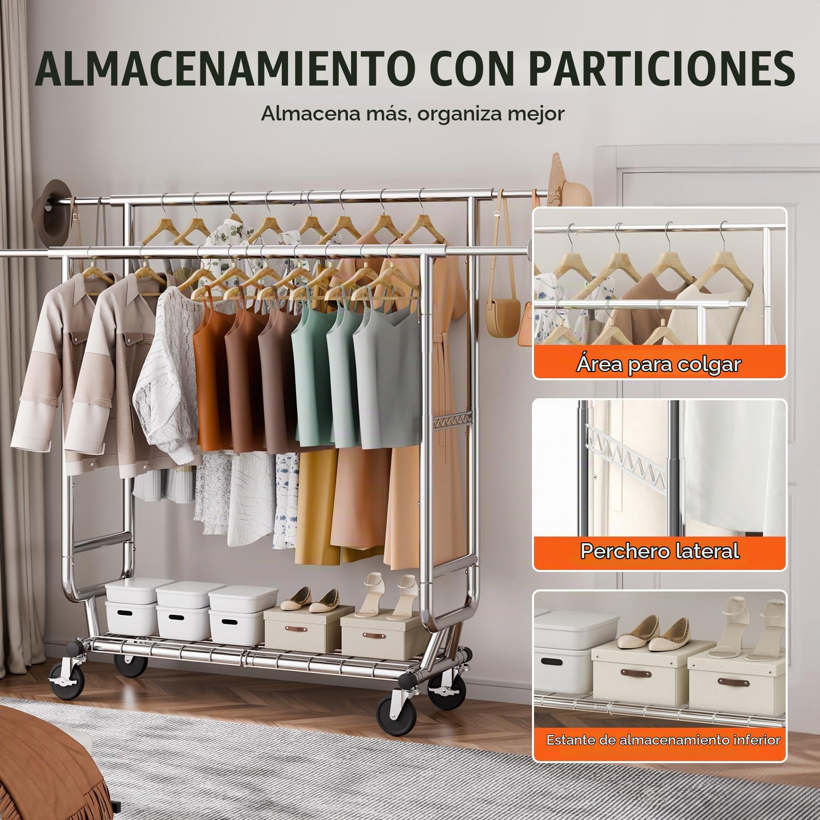 VEVOR Perchero Burro para Ropa con 4 Ruedas de 1 Estante y 2 Barras Longitud Extensible de 128-191 cm Altura de 144-187 cm Perchero de Acero Carga de 272 kg para Almacenaje de Ropas en Dormitorios