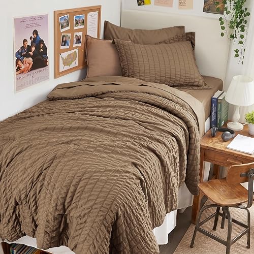HYMOKEGE Brown Twin Comforter Set Seersucker 5 Pieces, All Season Luxury Bed in a Bag for Bedroom, Bedding Set with Comforter, Sheets, Pillowcase & Sham