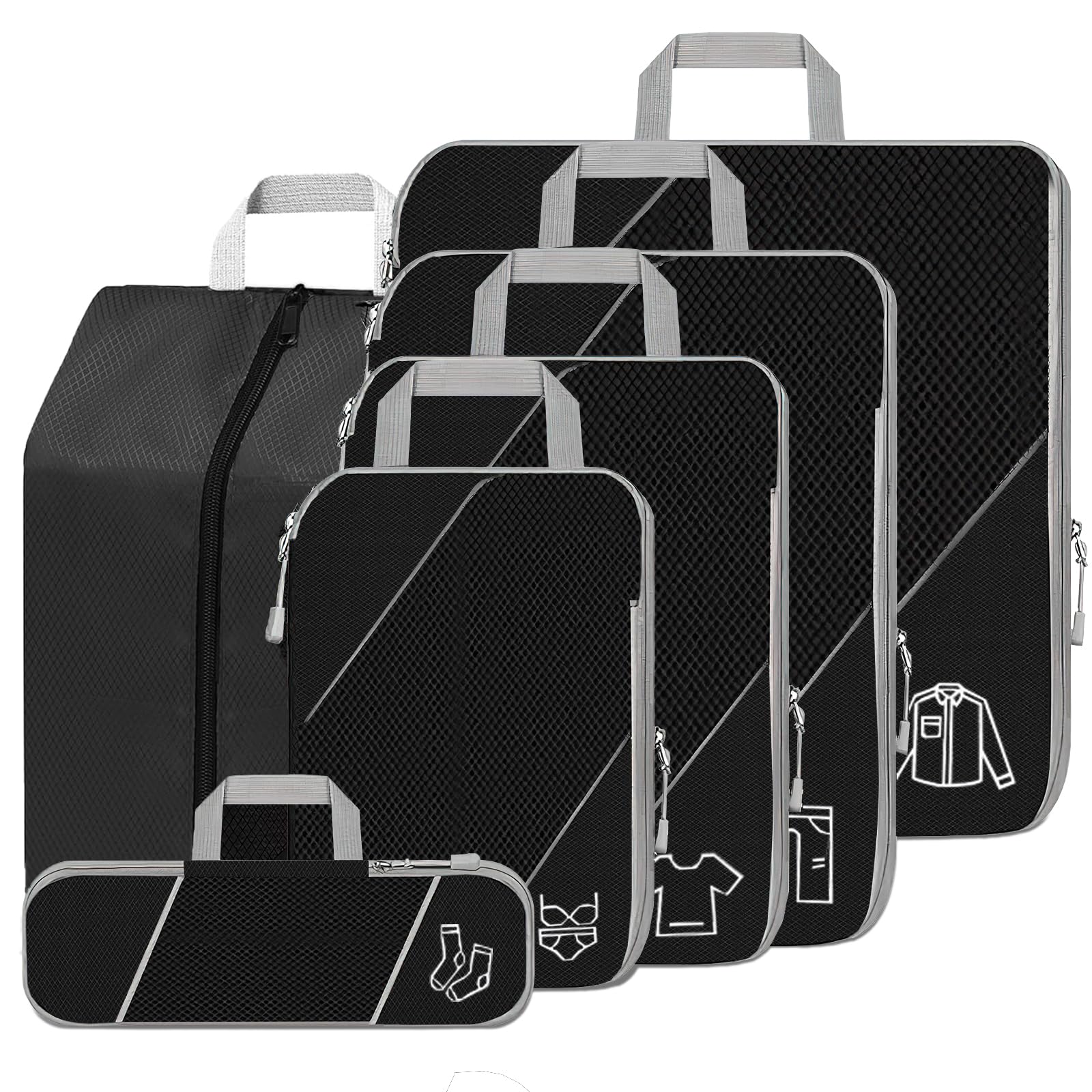 Sinzux Black Compression Packing Cubes, 6 Pcs Packing Cubes For Luggage And Backpack, Travel Cubes Organiser Bags, Suitcase Organiser Bags Set For Suitcases Backpack Luggage