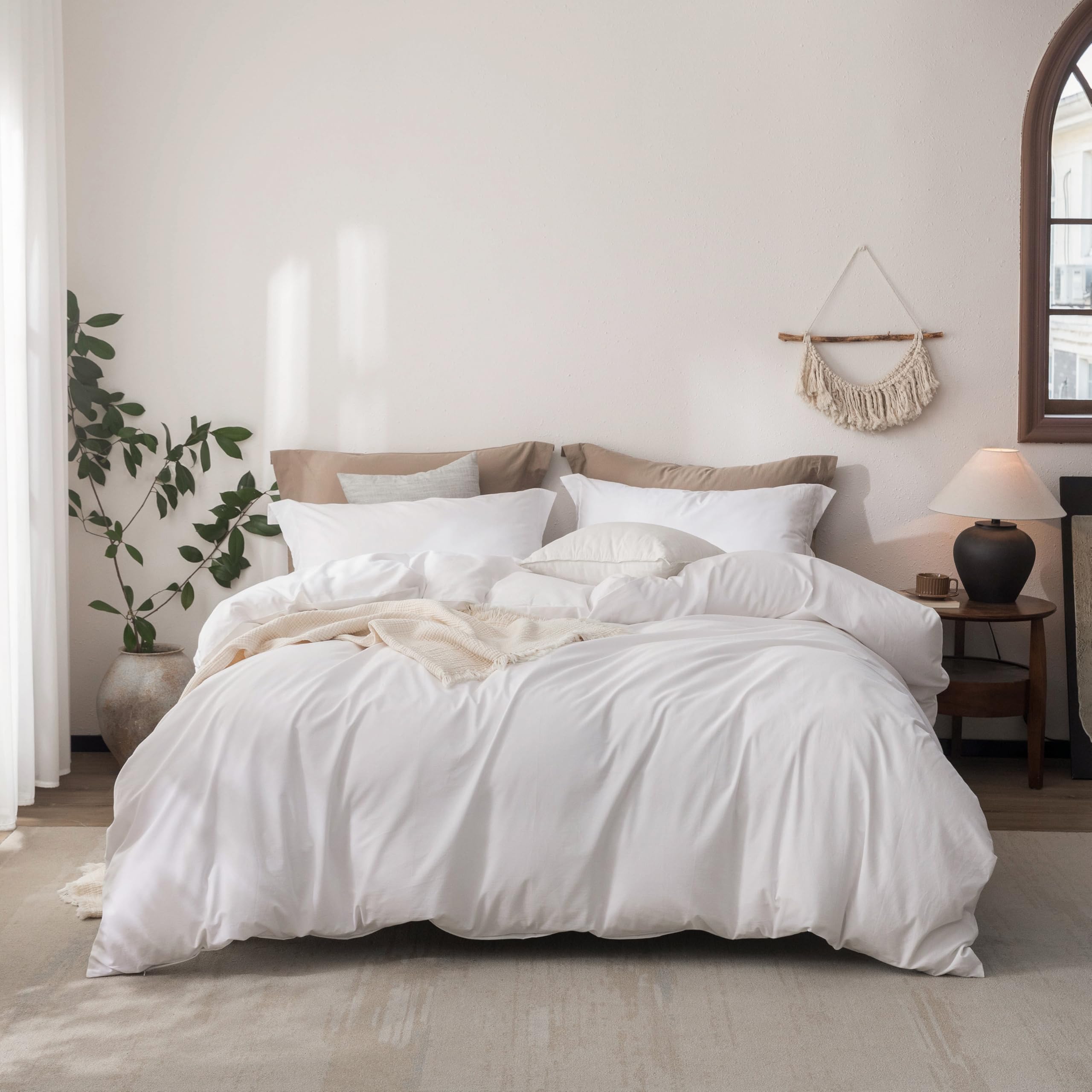 Warm Moment Linen Feel Duvet Cover Queen Size 90inch x 90inch,100% Washed Cotton Duvet Cover with Zipper Closure and 2 Pillowcases, Color of Bright