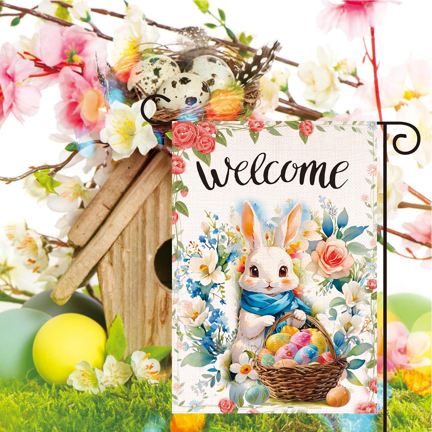 Welcome Easter Garden Flag Seasonal Garden Flags Easter egg bunny garden flag Flower rabbit easter garden flag 12x18 double sided outdoor Welcome Yard Outdoor Flag - Image 4