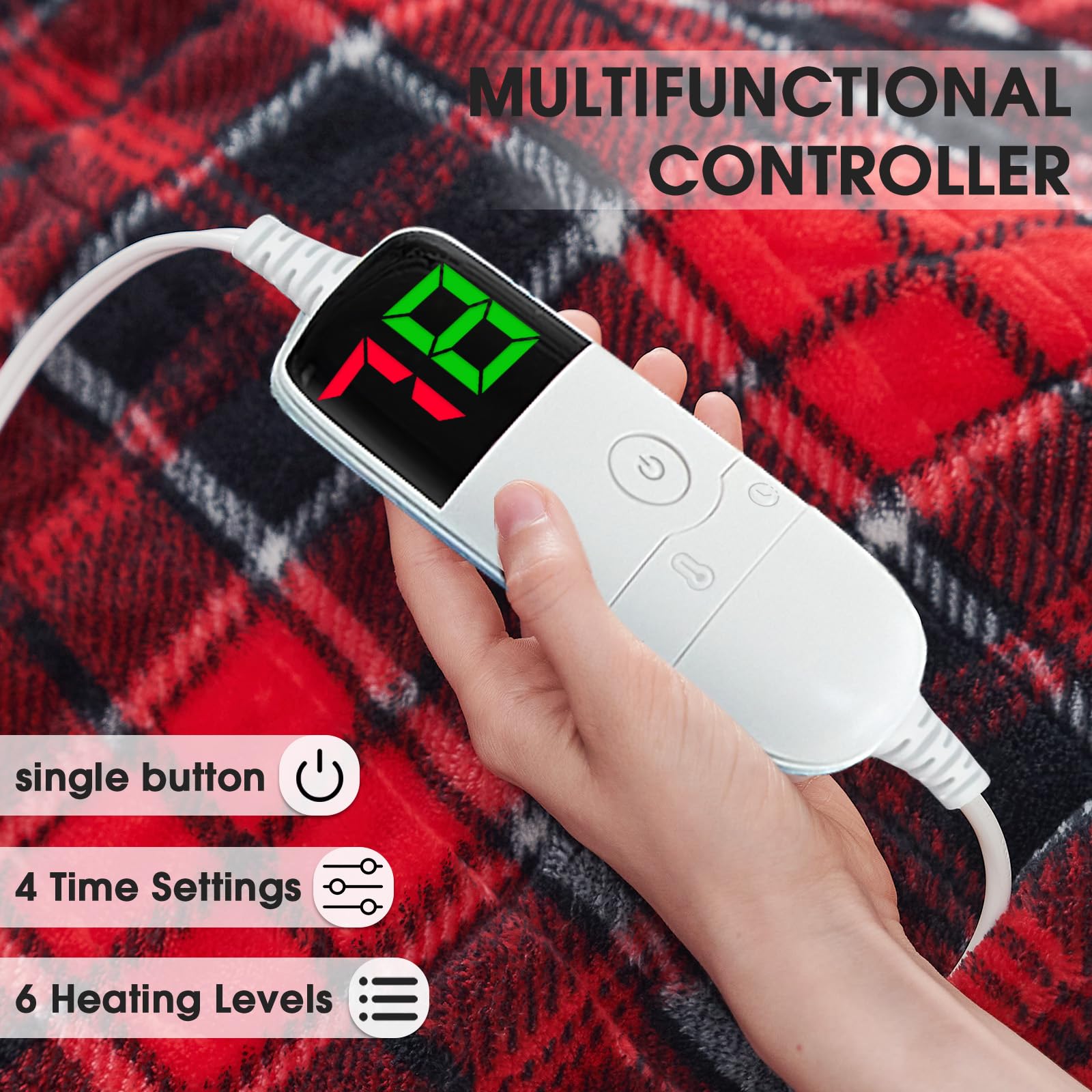 cobija eléctrica con calefacción, 50 x 60 pulgadas, manta térmica de Navidad con 10 niveles de calefacción y 8 horas de apagado automático, manta Sherpa a cuadros rojos para adultos, sofá, cama, uso
