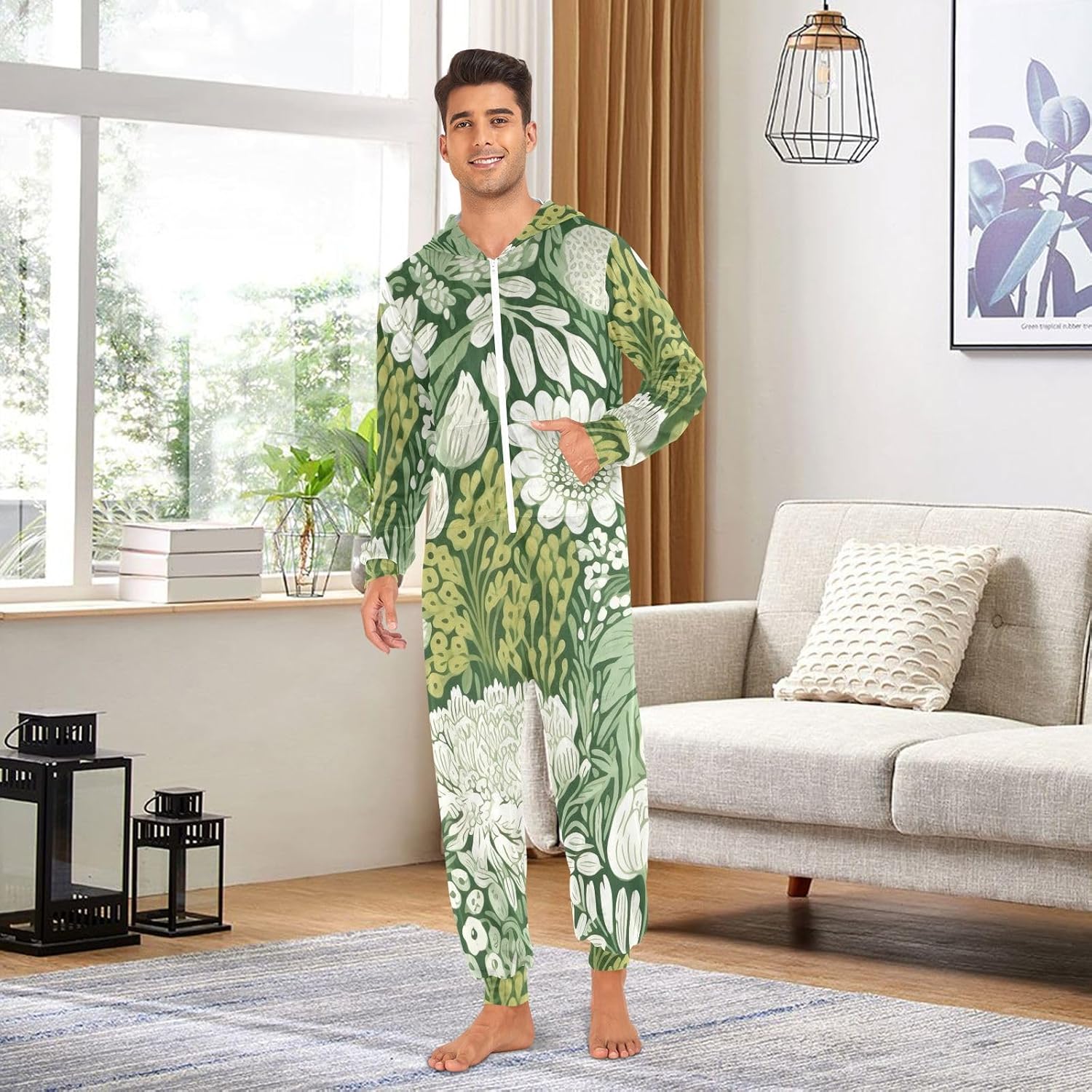 GAIREG Floral Green One Piece Pajamas for Men, Men's Women's House Wear