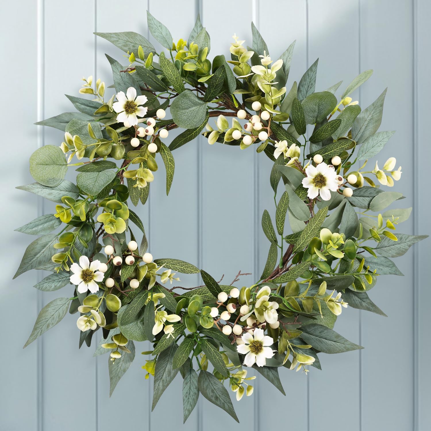 Artgar 22" Eucalyptus Spring Wreaths for Front Door, Artificial Wreaths with White Berries Greenery for Farmhouse Porch Wall Living Room Home Decor Perfect for Spring Summer All Seasons