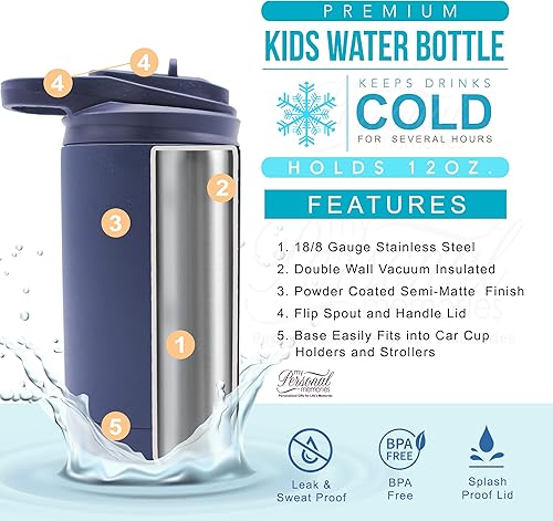 Miniatura 2 de Botella de agua personalizada de 12 onzas para niños con pajilla, vaso aislado de doble pared para niños, niñas, escuela y deportes, grabado con