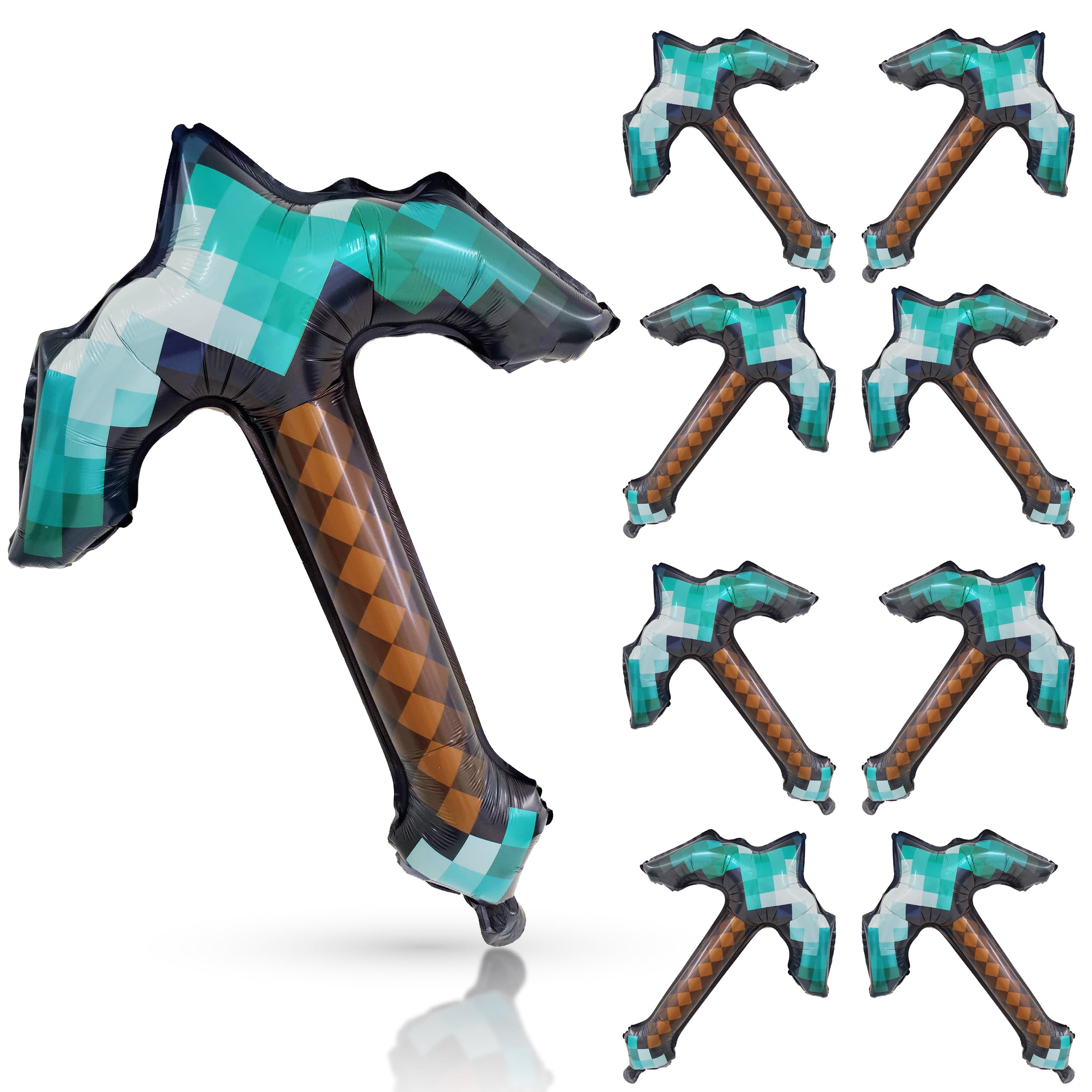 Cheerland Pixel Balloons Inflatable Pickaxe Birthday Party Decorations Cosplay Theme Pixel Miner Foil Balloon Gaming Party Favors Baby Shower Kids Retro Gaming Bday Decor Event Supplies (Pack Of 8)