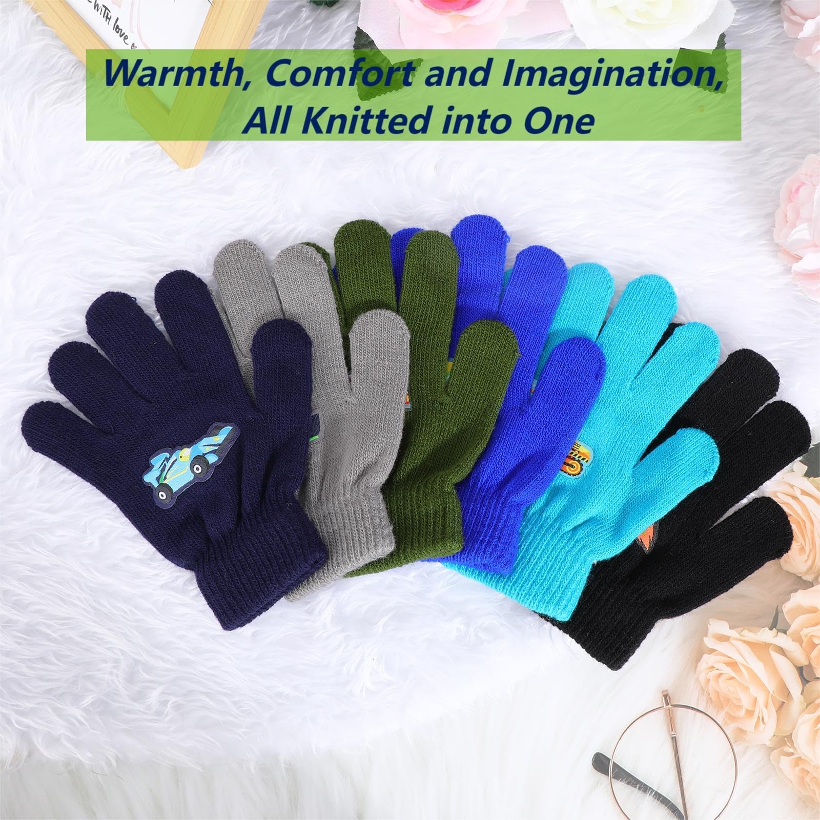 QKURT 6 Pares de Guantes para niños de 5 a 12 años, Guantes mágicos de Invierno Guantes con Dedos Completos, Manopla de Punto elástica para niños y niñas