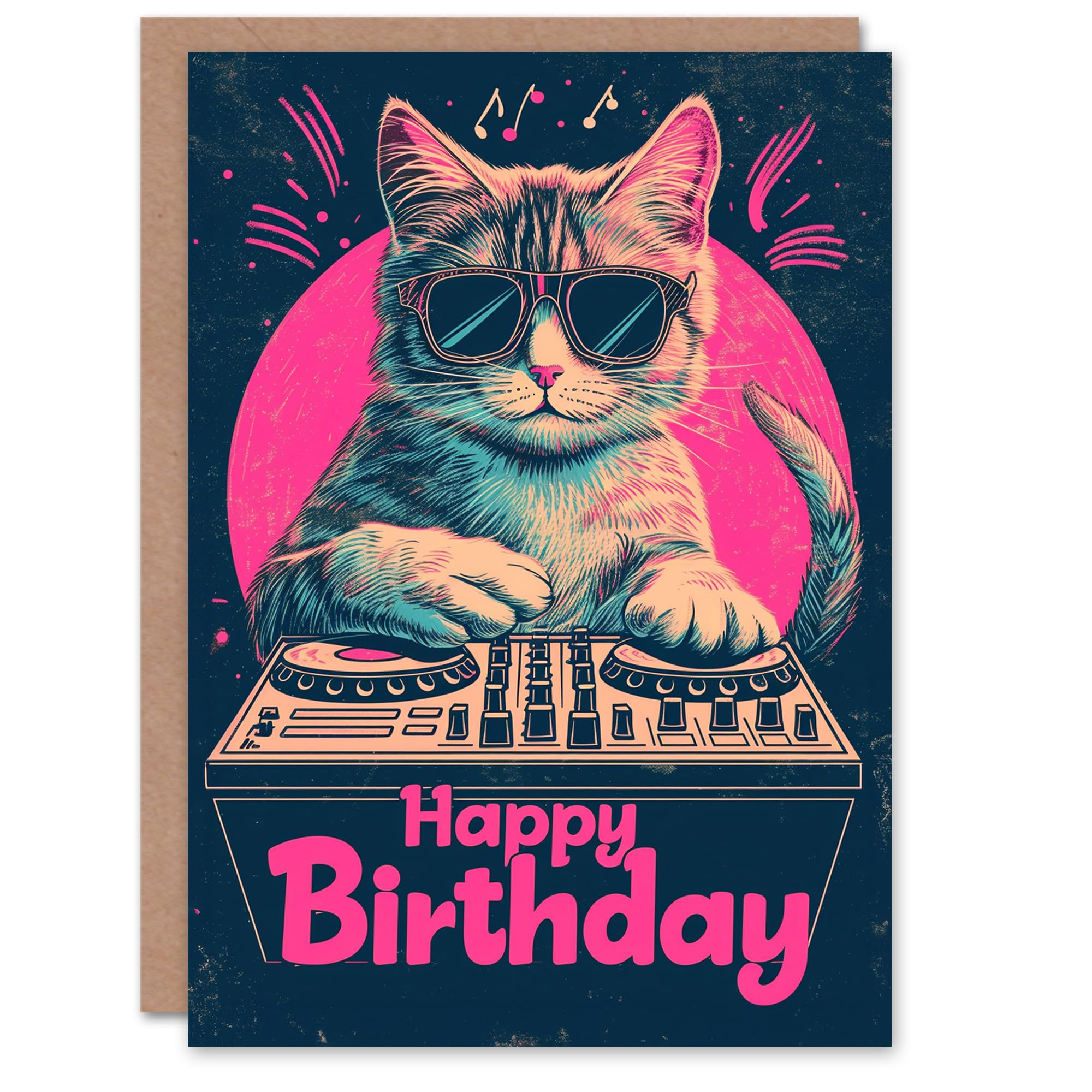 Artery8 Greeting Card - Cat Lover DJ Design - Pink