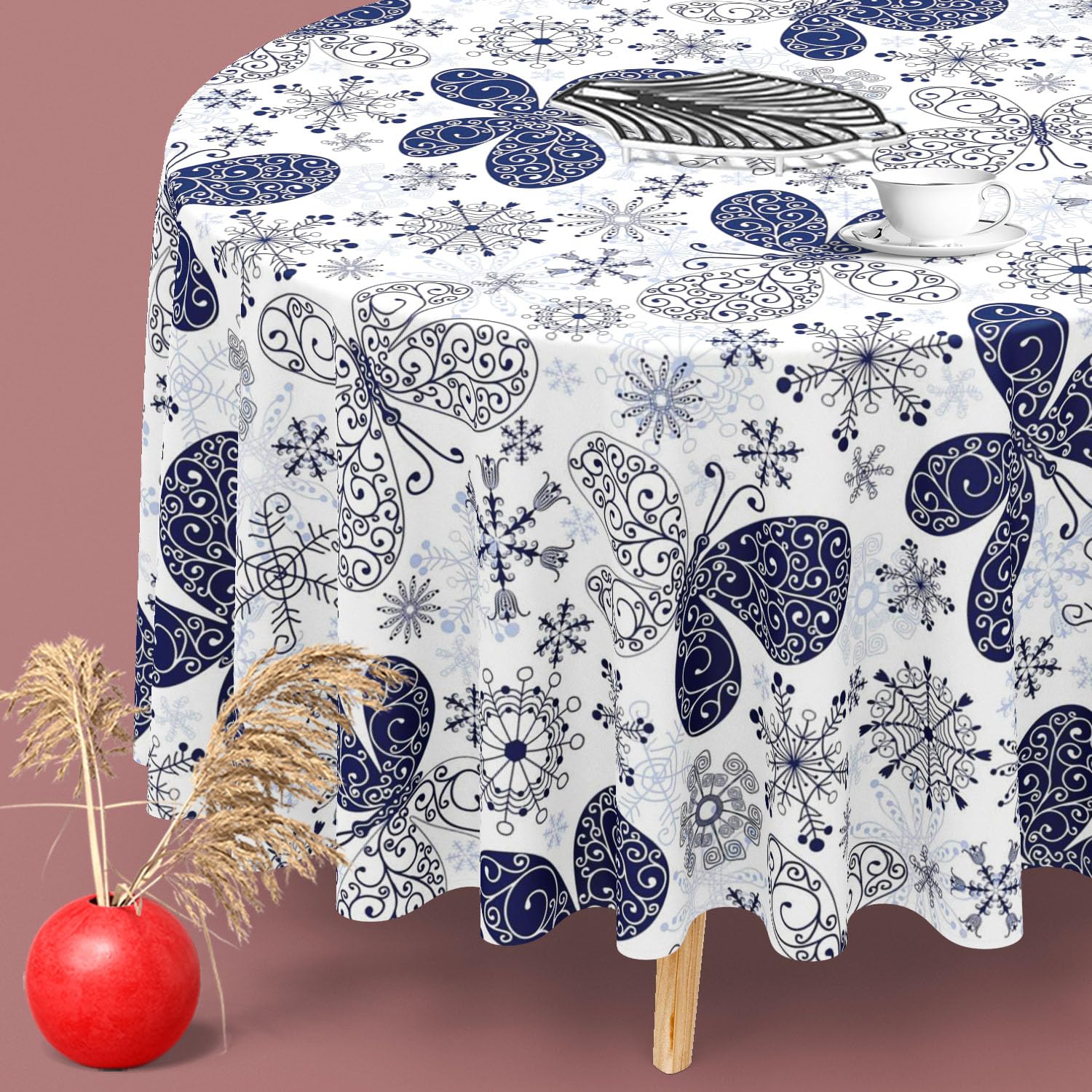 ArtzFolio Snowflakes & Butterflies | Table Cloth Cover for Dining & Center Table | Velvet Fabric | 6-Seater Table; 48 inch (122 cms) Diameter