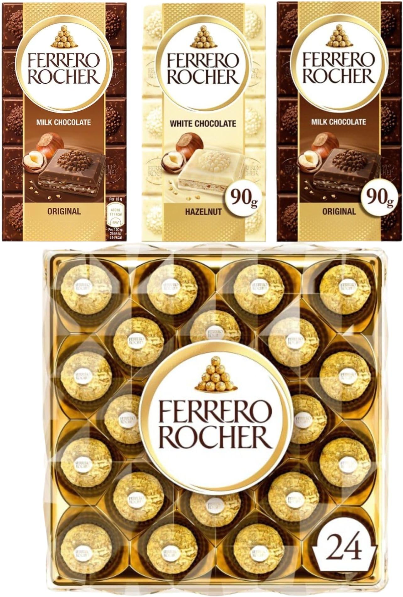 Ferrero Rocher Chocolate Gift Set, 24 Pack Rocher Box, Milk Chocolate & White Chocolate Bar, Ferrero Rocher Chocolate