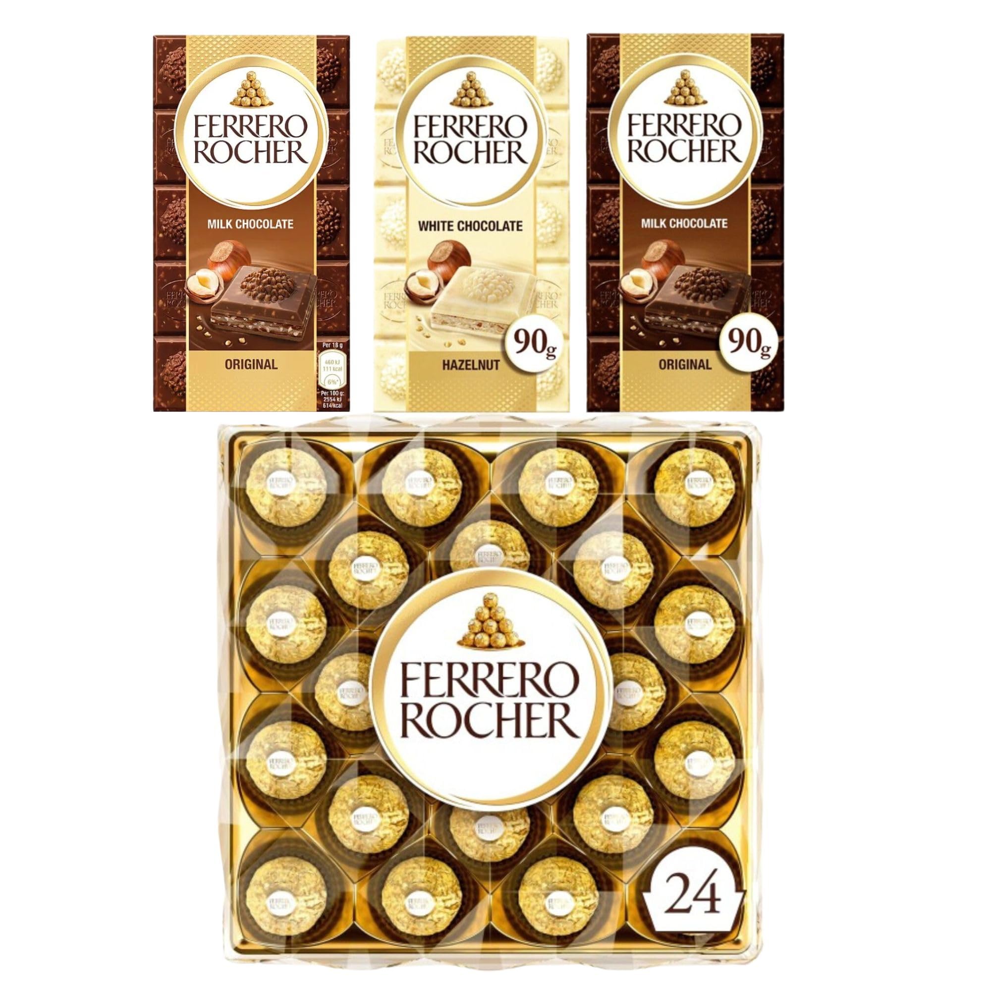 Ferrero Rocher Chocolate Gift Set, 24 Pack Rocher Box, Milk Chocolate & White Chocolate Bar, Ferrero Rocher Chocolate