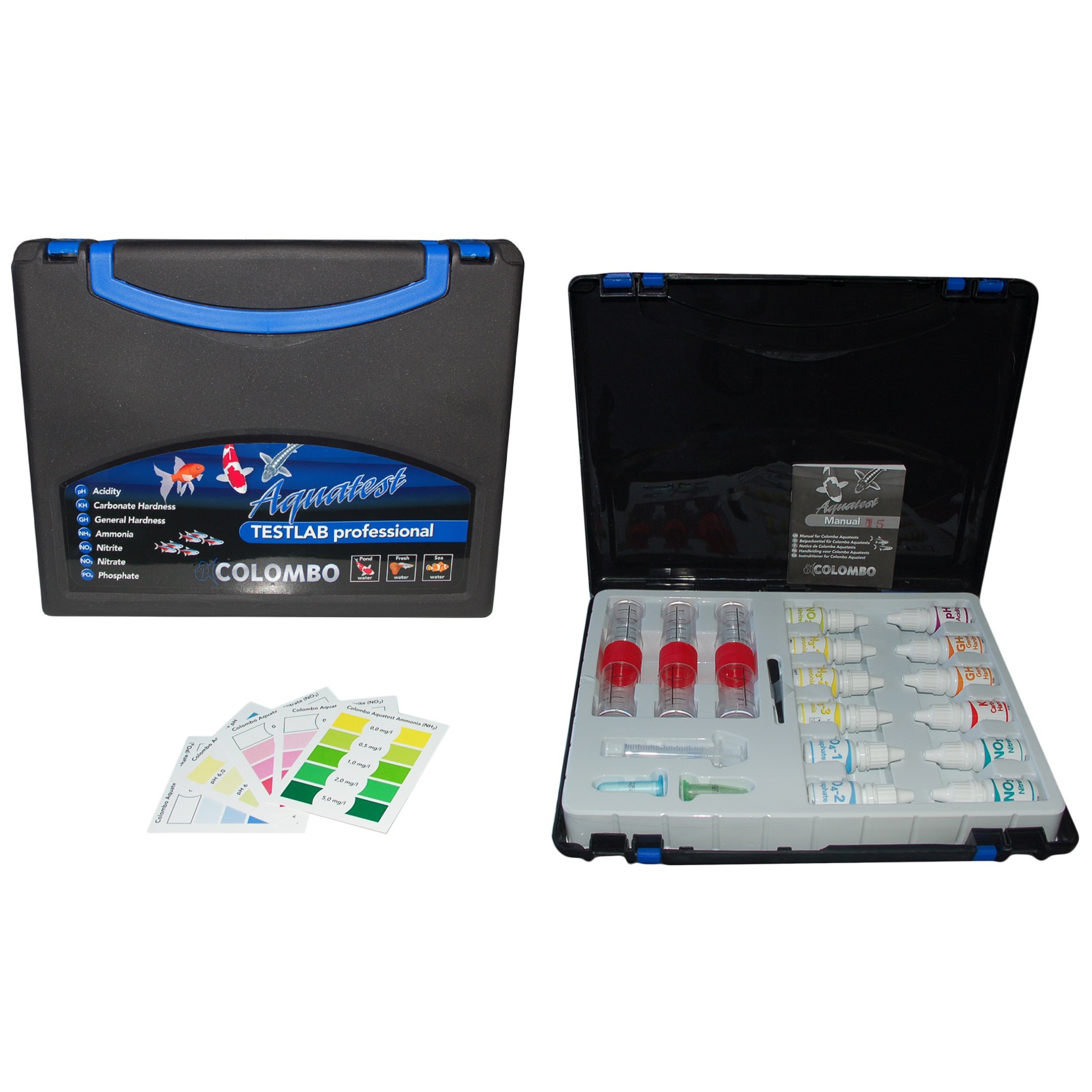 Aqua-Test Box Testlabor Testkoffer Teich Wassertest PH KH GH NH3 NO2 NO3 PO4