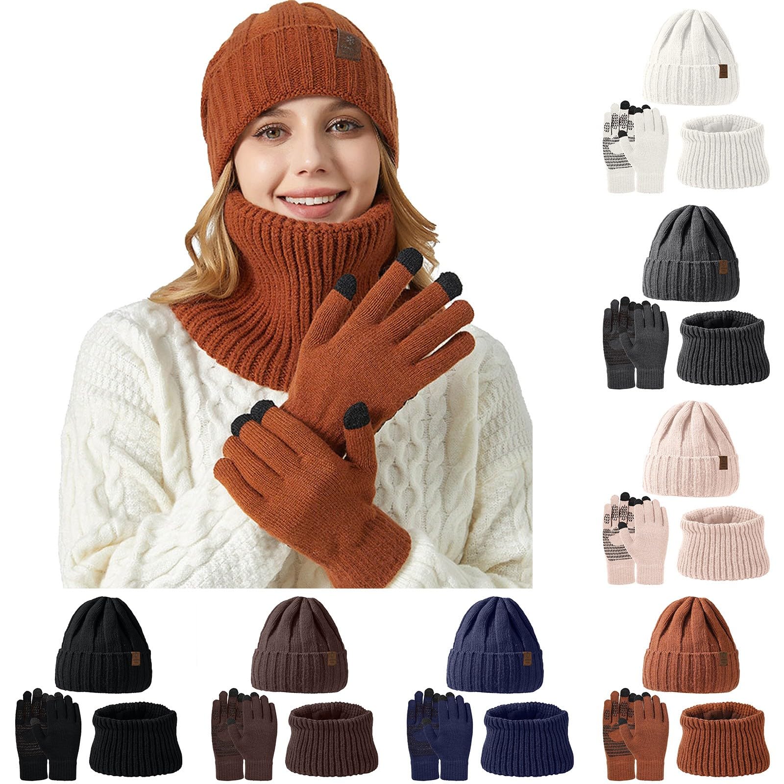 Damen Mtze Schal Handschuhe Set Winter  Beanie Mit Bommel, Fleece &  Touchscreen Handschuhe 3in1