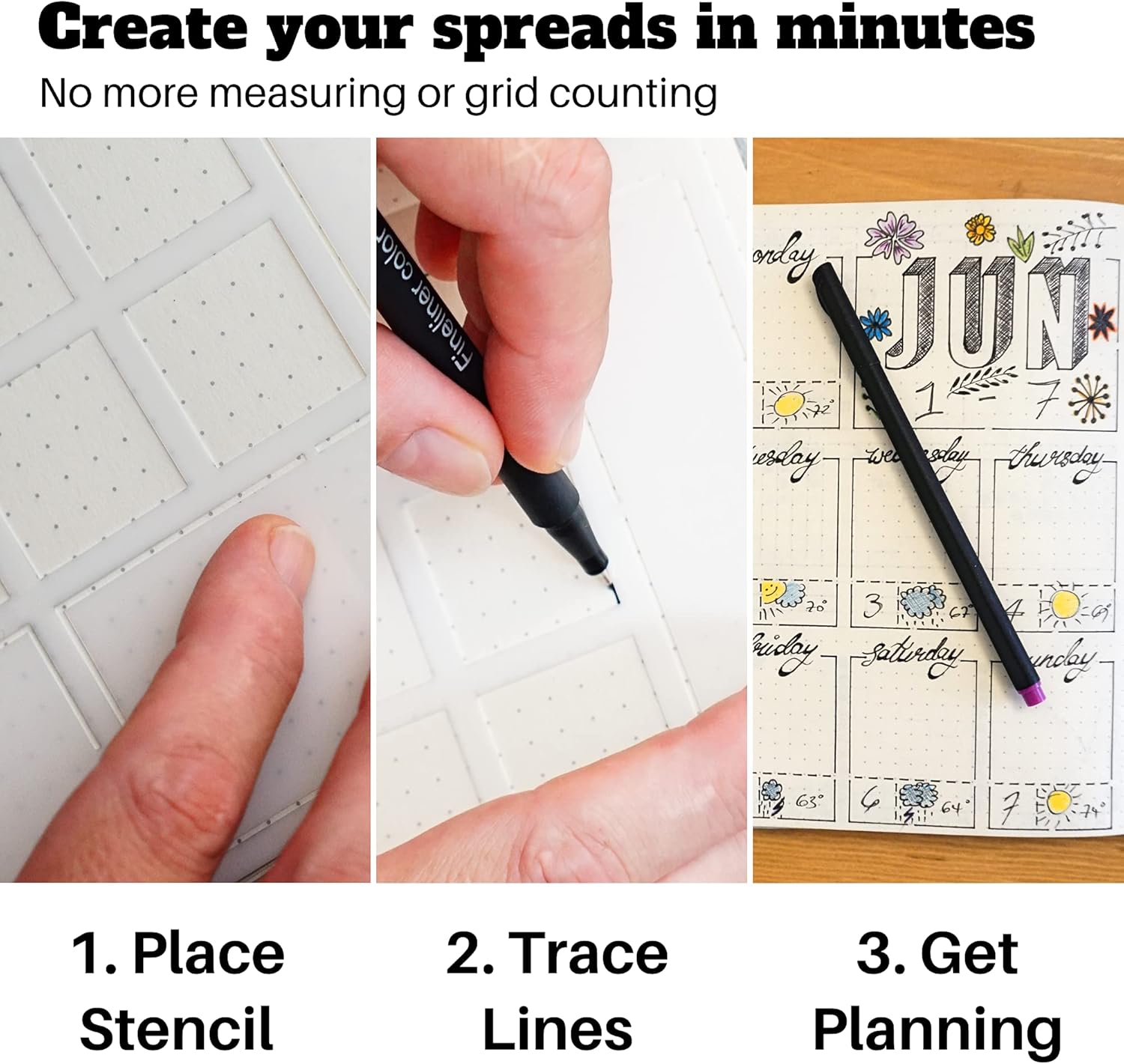 Speedy Spreads Weekly Layout Journal Stencils & Planner Sticker Kit - 48 Sticker Sheets & 6 Stencils for A5 Bullet Dot Grid Journal Notebooks, Journaling Supplies Kit with DIY Calendar Templates