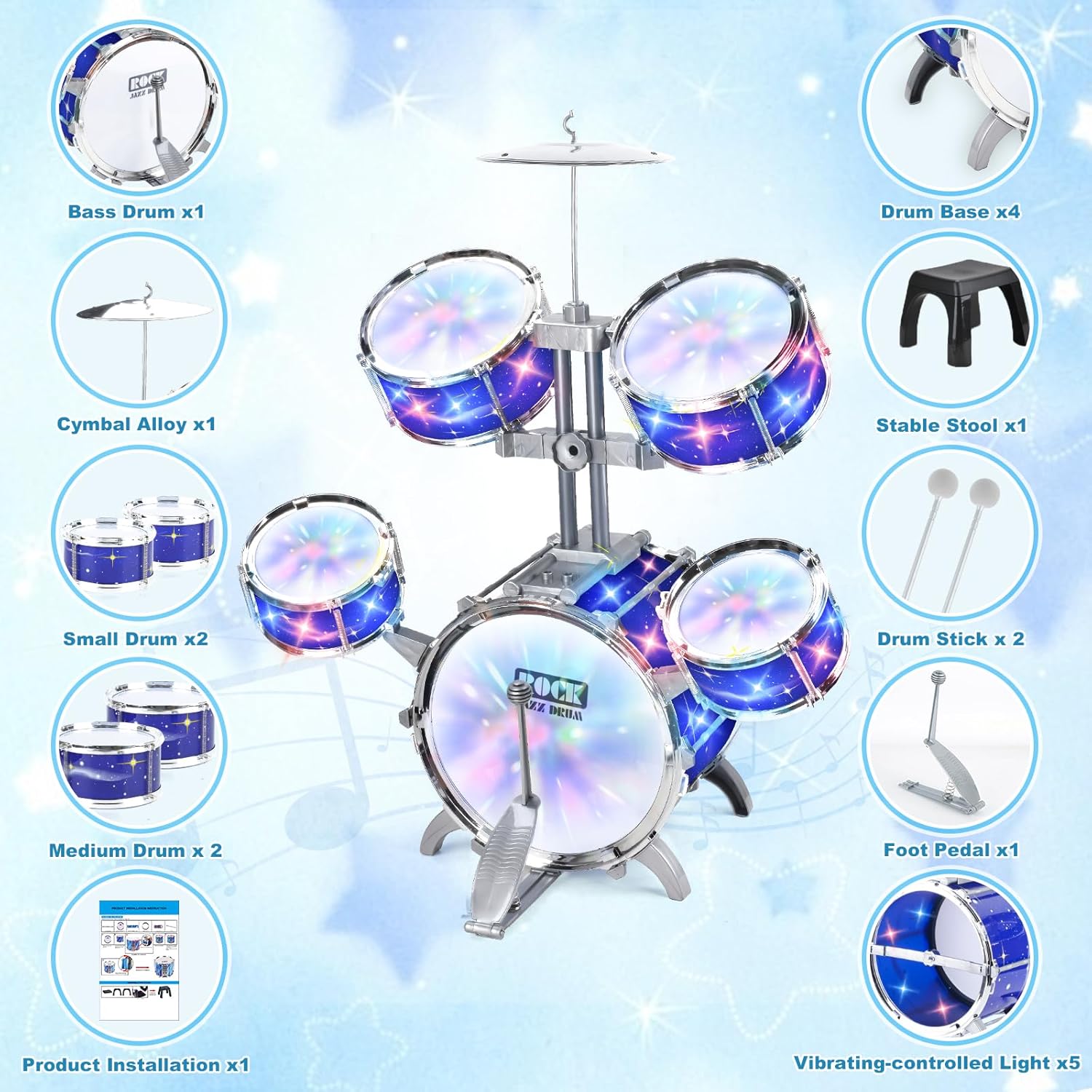 Upgraded Kids Drum Set for Toddlers w/ Light (All Plastic), Musical Gifts Toys for Boys Girls, Kids Jazz Drum Kit for Beginner Music Practice, Christmas Birthday Gift