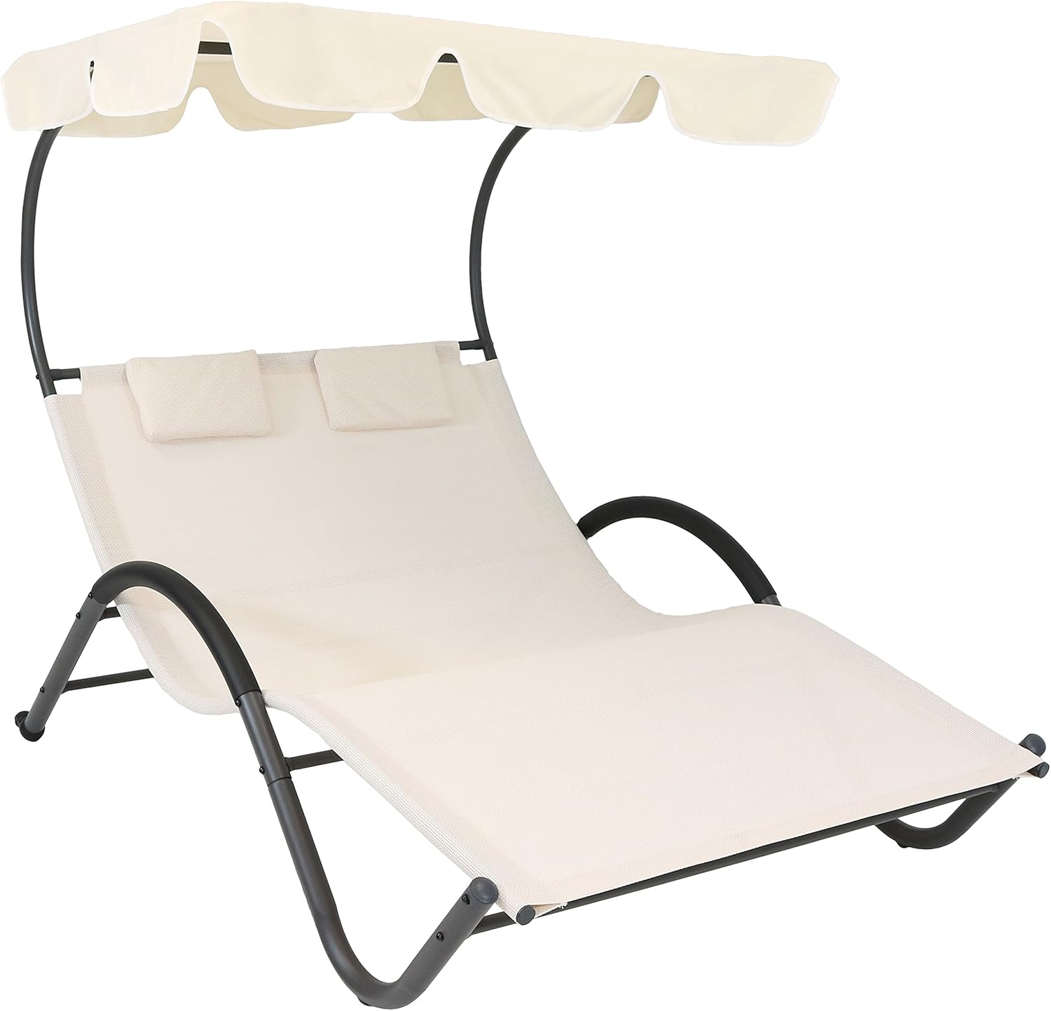 Sunnydaze Outdoor Double Chaise Lounge with Canopy Shade and Headrest Pillows - Beige Fabric with Black Powder-Coated Frame