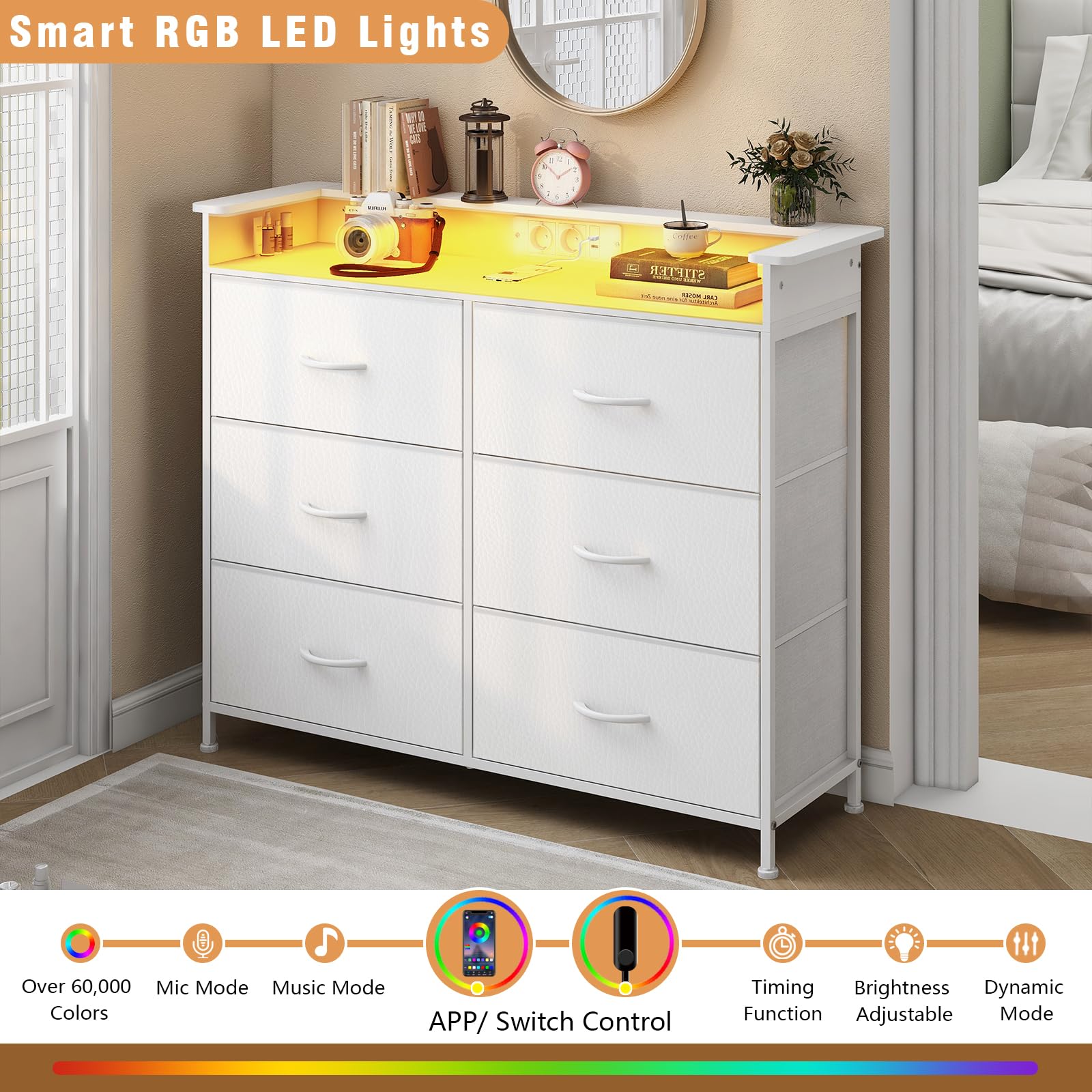 VEDECASA Cassettiera con 6 cassetti e illuminazione a LED, cassettiera con 2 porte USB e 2 prese AC, torre portaoggetti con armadio per camera da letto, soggiorno e corridoio, telaio in metallo