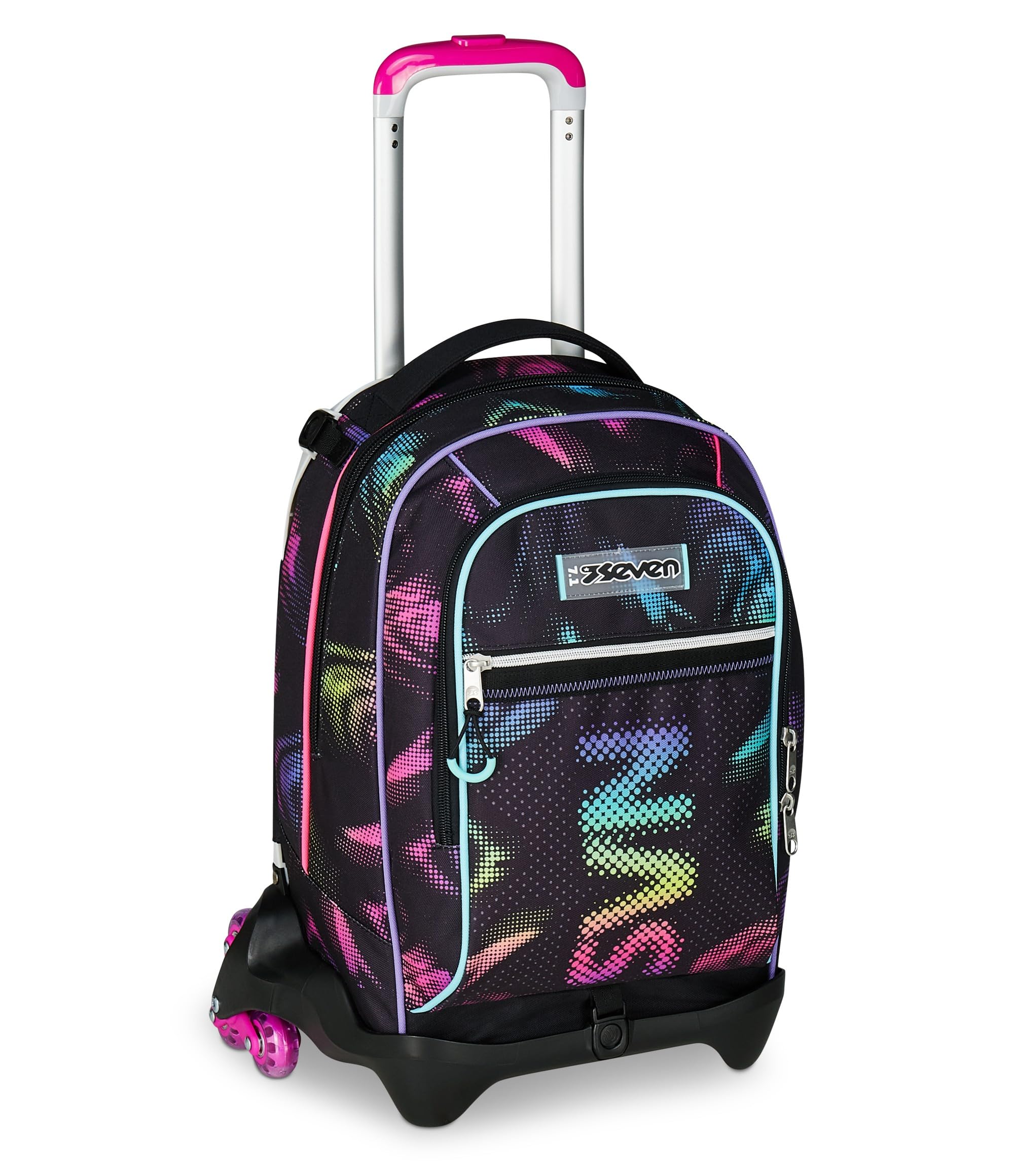 Seven Trolley Scuola Jack 3 Ruote, Nero Fucsia, Zaino Con Carrello Sganciabile Da 34 L, Tasca Borraccia e Crossover System, Maneggevole Resistente, Scuola Elementare e Media, Zaino Bambina